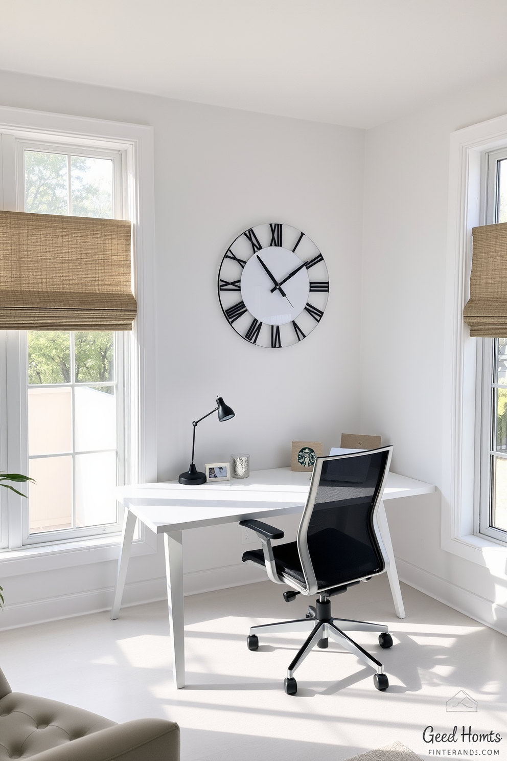 A bright and airy home office features a sleek white desk paired with a comfortable ergonomic chair. A statement clock with a unique design hangs on the wall, adding a touch of interest to the minimalist decor. The walls are painted in a soft white, creating a clean and inviting atmosphere. Natural light floods the space through large windows, illuminating a few carefully selected decorative items on the desk.