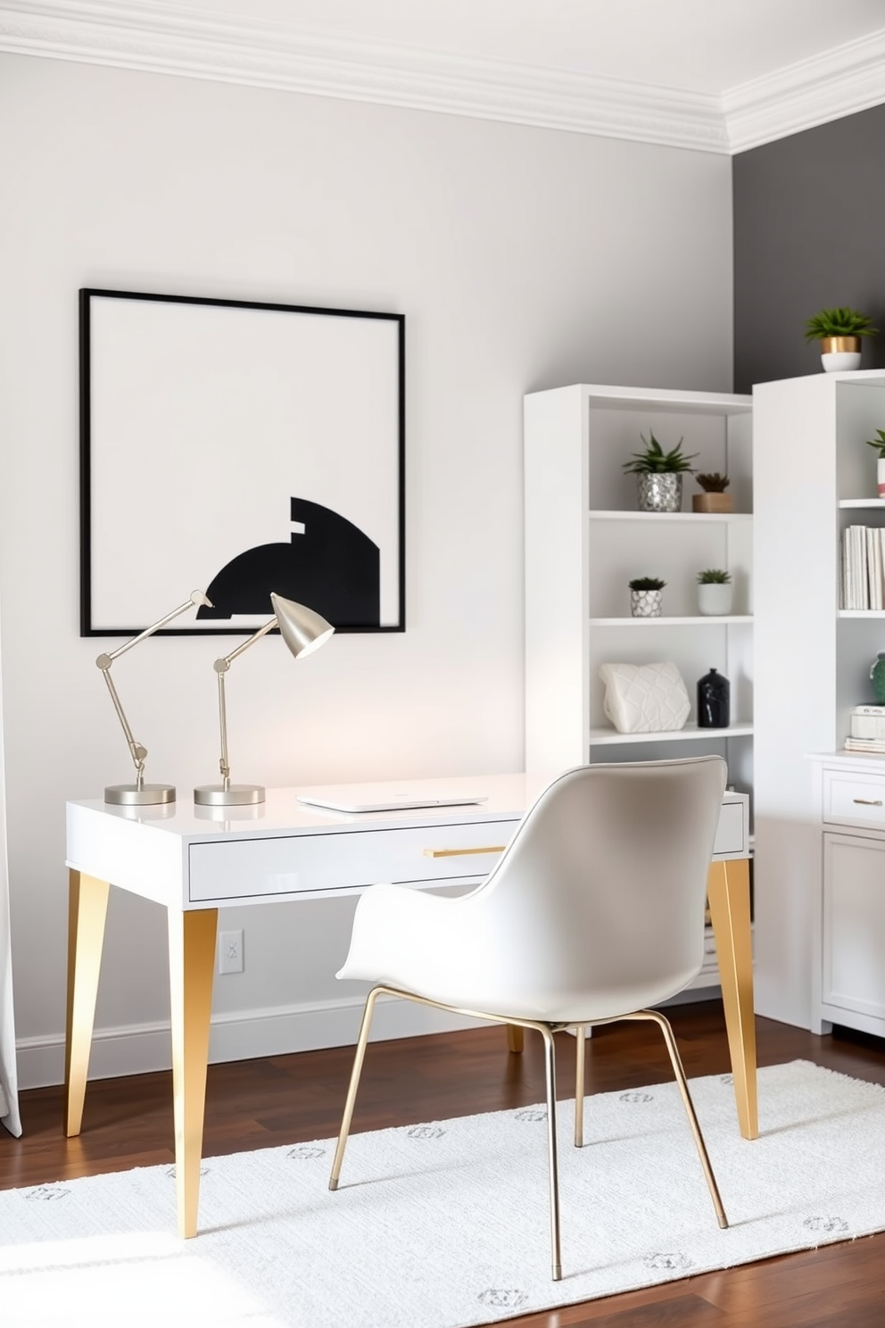 A serene home office setting featuring white furniture complemented by metallic accents. The desk is sleek and white with gold legs, paired with a metallic chair that adds a touch of elegance. The walls are adorned with minimalist art in black and white, creating a sophisticated backdrop. A stylish metallic lamp sits on the desk, illuminating the space while a white bookshelf displays decorative items and plants.