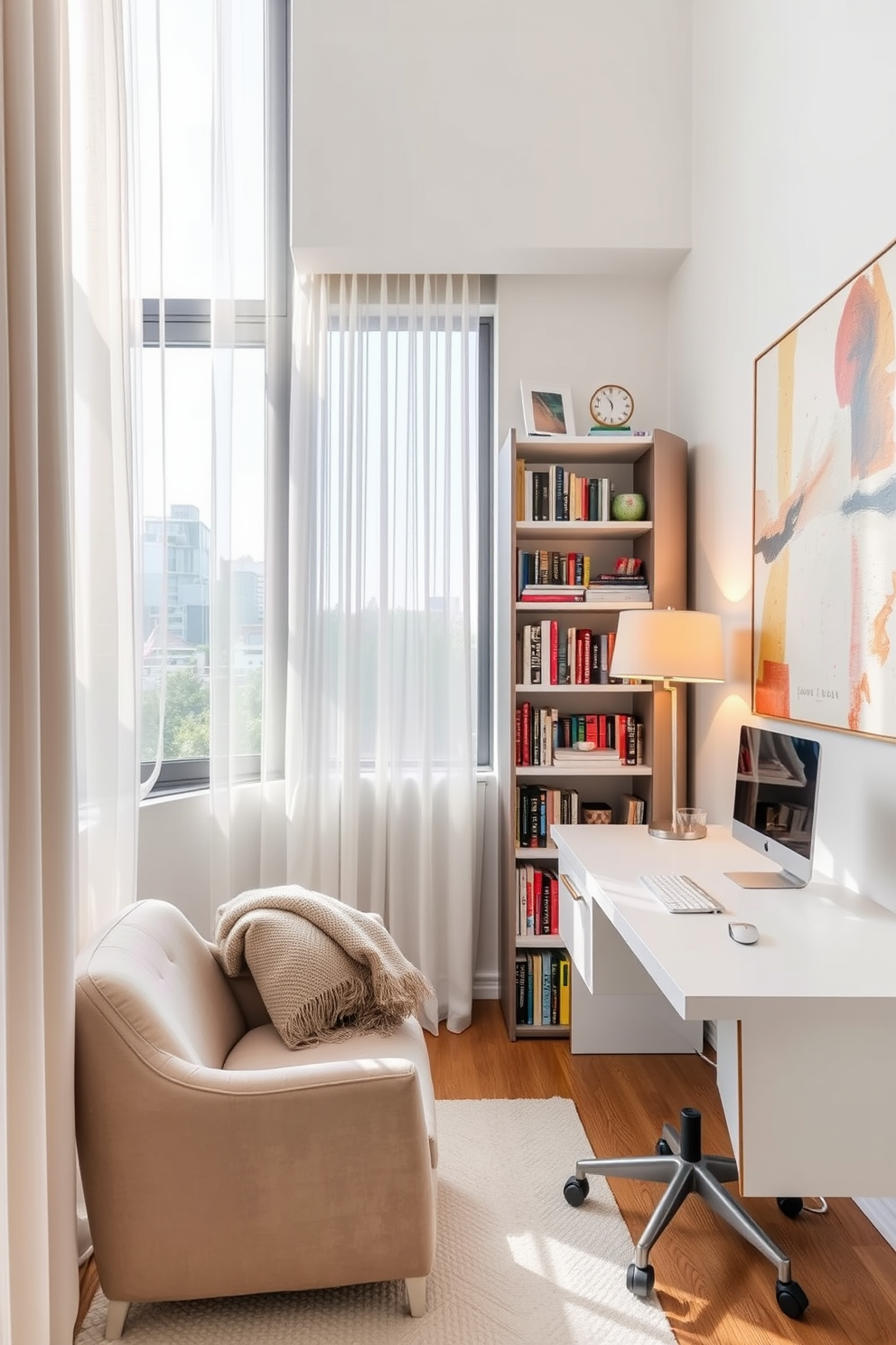 Cozy reading nook in the corner. A plush armchair is positioned next to a small side table, with a soft throw blanket draped over the arm. A tall bookshelf filled with colorful novels stands against the wall, and a warm floor lamp provides soft lighting for reading. A large window allows natural light to flood the space, adorned with sheer curtains that gently sway in the breeze. White home office design ideas. A sleek white desk is paired with an ergonomic chair, creating a clean and modern workspace. Floating shelves above the desk display neatly organized books and decorative items, while a large abstract painting adds a pop of color to the otherwise neutral walls.