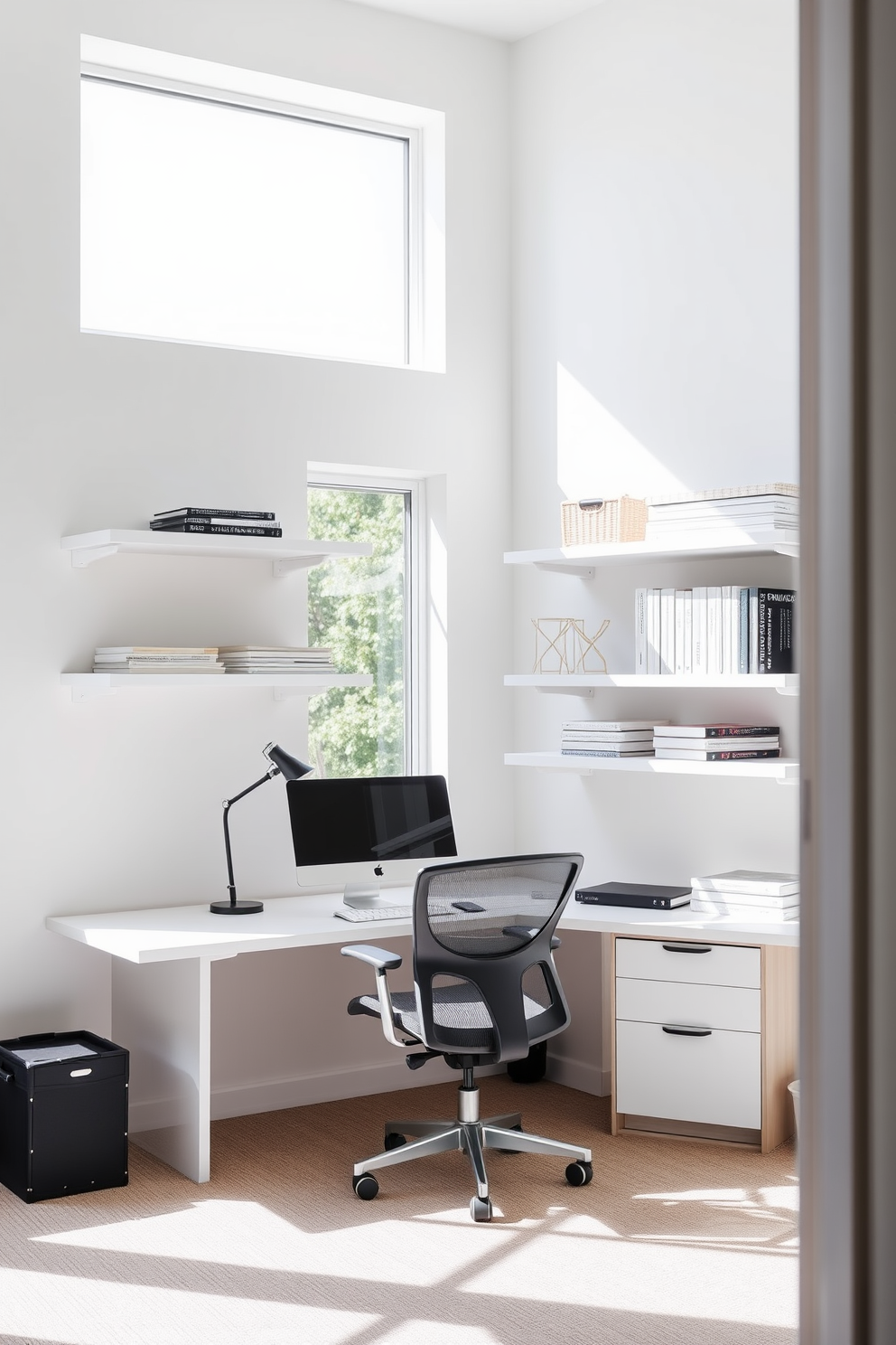 A clean and modern home office features floating shelves that provide ample storage while maintaining an uncluttered look. The walls are painted in a crisp white, enhancing the bright and airy atmosphere of the space. A sleek desk sits beneath the shelves, complemented by a comfortable ergonomic chair. Natural light floods the room through large windows, creating an inviting workspace ideal for productivity.