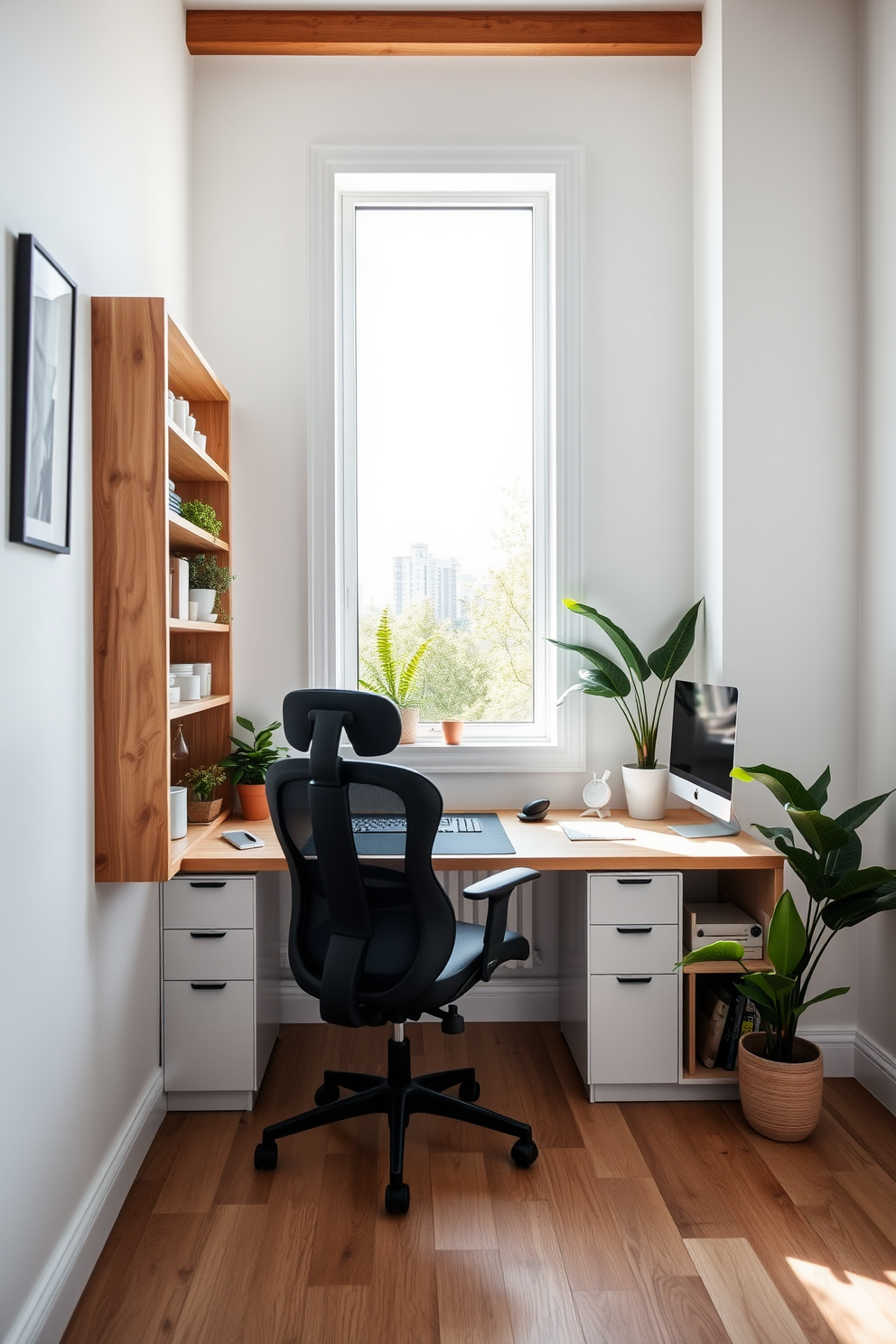 Bright white walls create a fresh and airy atmosphere in the home office. The space features wooden accents in the form of a sleek desk and shelving, adding warmth and texture. A large window allows natural light to flood the room, enhancing productivity and focus. A comfortable ergonomic chair complements the modern design, while a few potted plants bring a touch of greenery to the workspace.