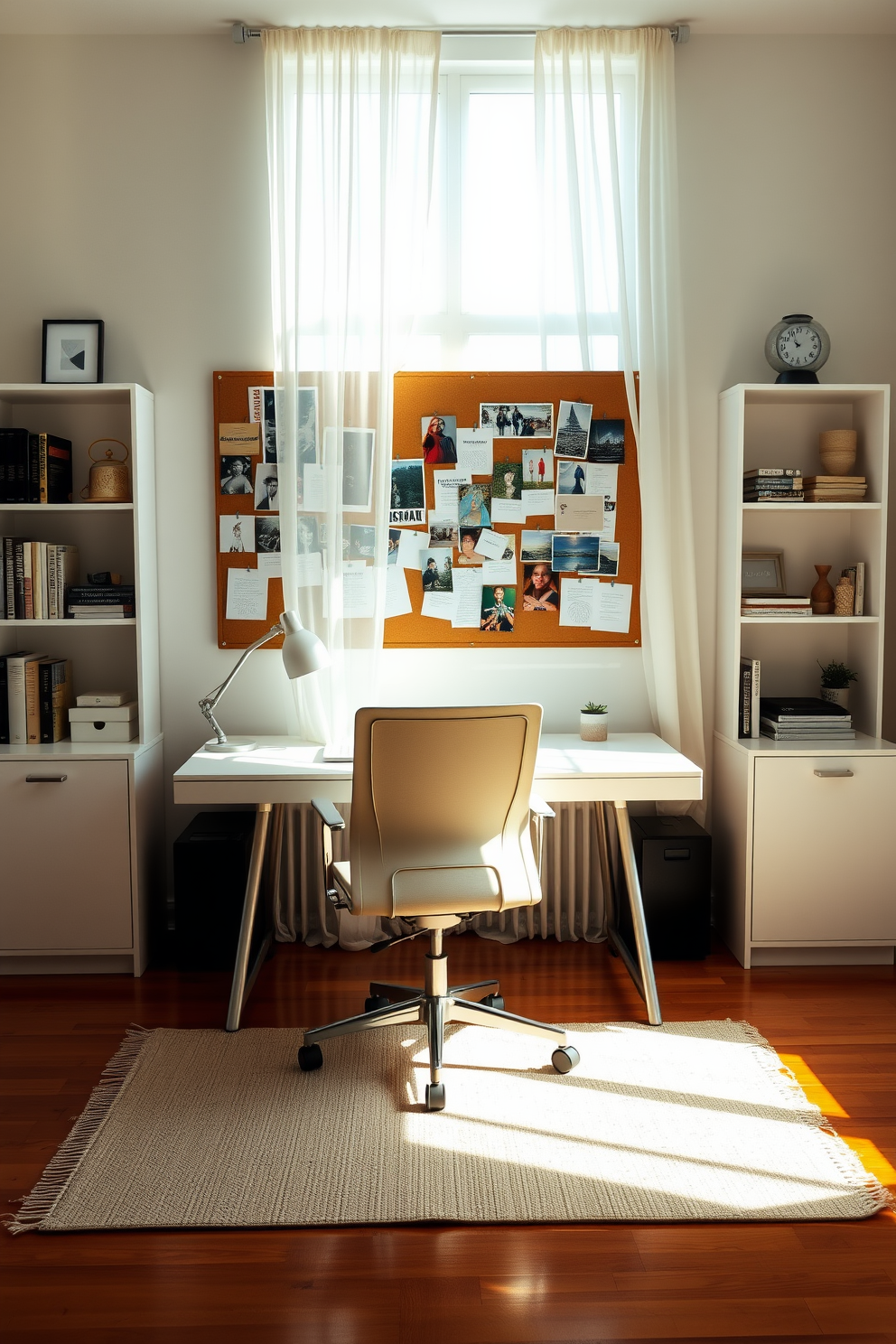 A bright and airy home office space featuring a large pinboard mounted on the wall, filled with inspiring images and notes. The desk is a sleek white finish with a comfortable ergonomic chair, complemented by stylish shelves filled with books and decorative items. Natural light floods the room through a large window adorned with sheer white curtains, creating a serene atmosphere. A soft area rug in neutral tones lies under the desk, adding warmth to the polished wood floor.