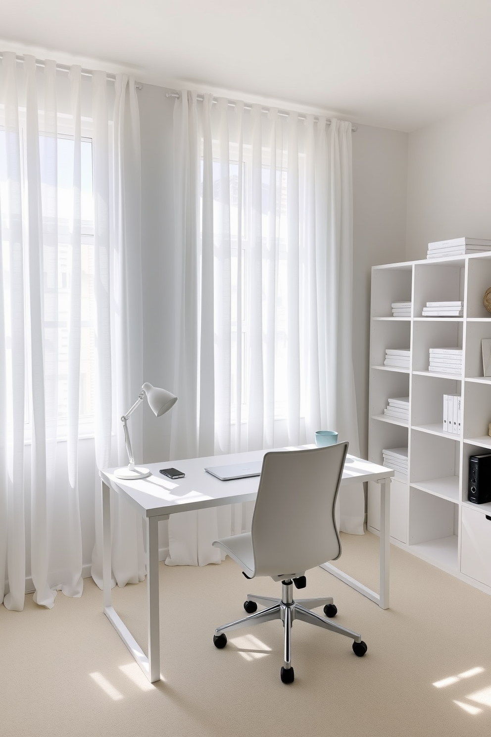 A bright and airy home office features soft white curtains that gently filter natural light. The space is adorned with a sleek white desk, complemented by a comfortable ergonomic chair and minimalist shelving.