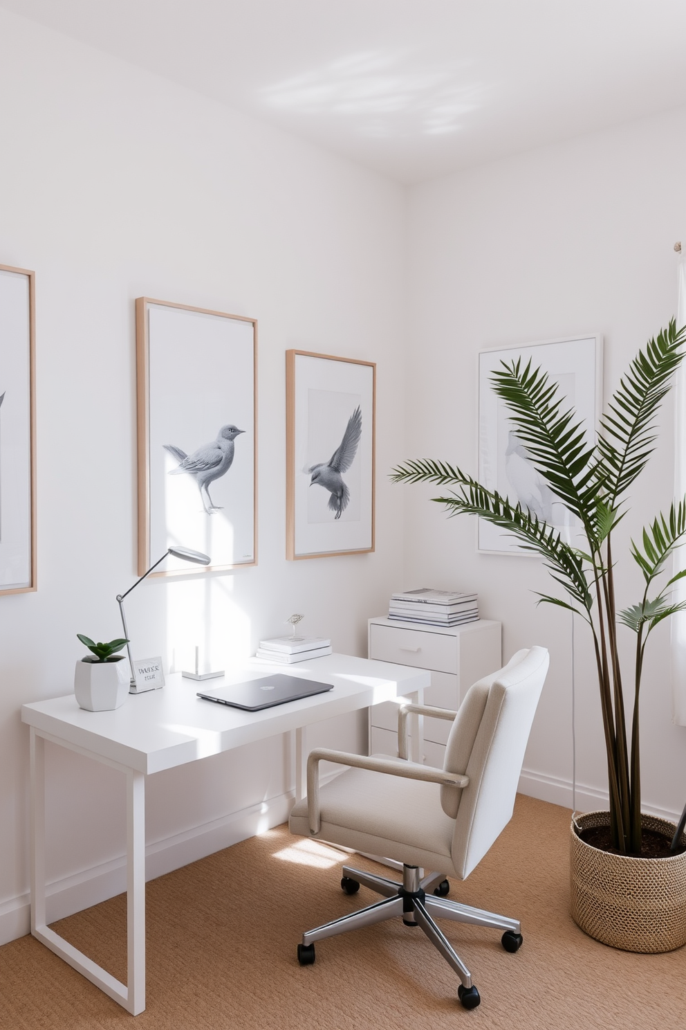 A serene home office featuring a white color palette. The walls are adorned with neutral art pieces that enhance the overall decor without overwhelming the space. The desk is sleek and modern, positioned to allow natural light from a nearby window. A comfortable chair in a soft fabric complements the minimalist aesthetic, creating an inviting workspace.