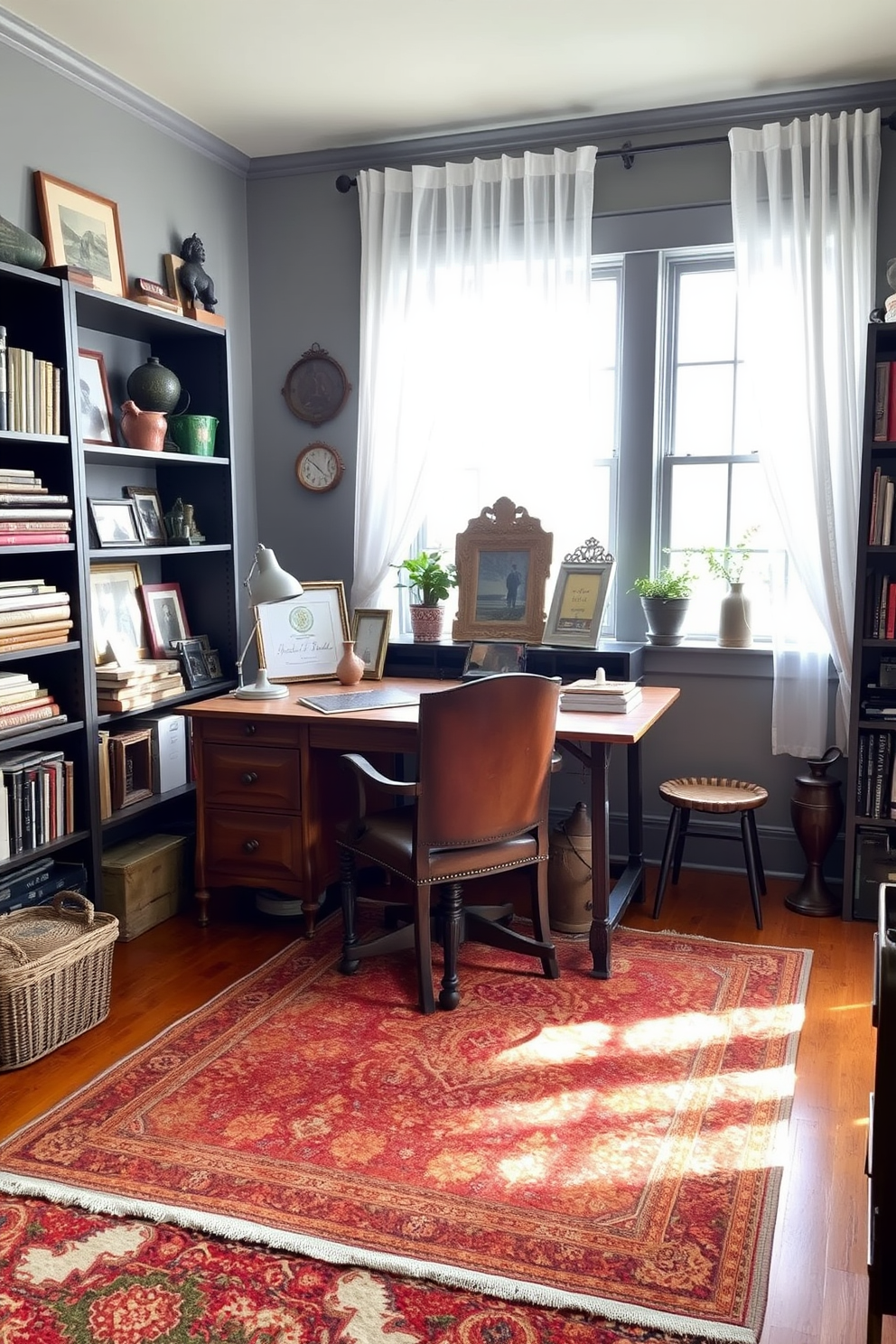 A cozy home office filled with vintage finds that add character and charm. The space features a reclaimed wood desk paired with an antique leather chair, surrounded by bookshelves filled with eclectic decor. Soft natural light pours in through large windows adorned with sheer white curtains. The walls are painted in a soft gray, and a vintage rug adds warmth to the polished wooden floor.