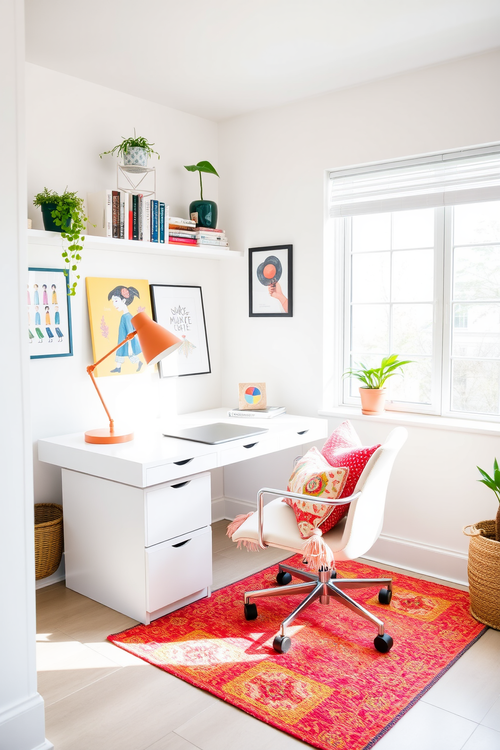 A bright and airy home office featuring a sleek white desk positioned near a large window. Colorful accents like a vibrant rug and decorative cushions on a cozy chair add a pop of fun to the space. The walls are painted in a crisp white, creating a clean backdrop for colorful artwork and shelves filled with books and plants. A stylish desk lamp in a bold hue complements the overall design while providing ample lighting for work.