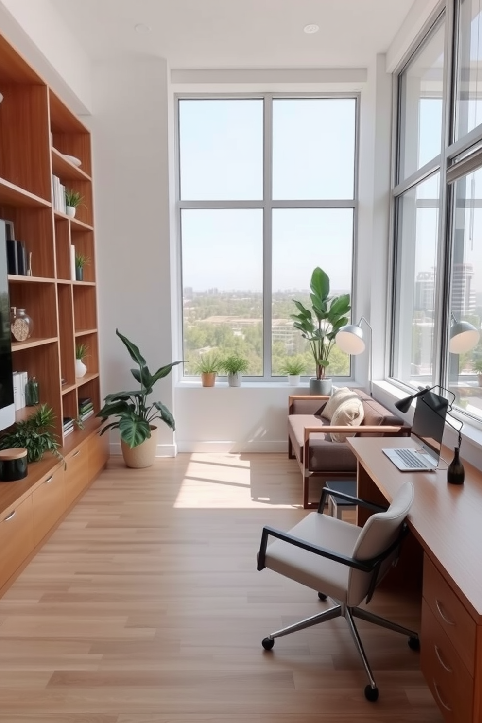 A serene home office design featuring a small, comfortable sofa positioned in a cozy corner for relaxation. The walls are painted in a soft white hue, complemented by natural wood accents and a sleek desk that enhances the minimalist aesthetic. Large windows allow for ample natural light, creating an inviting atmosphere. Decorative plants and a stylish bookshelf add a touch of greenery and sophistication to the space.