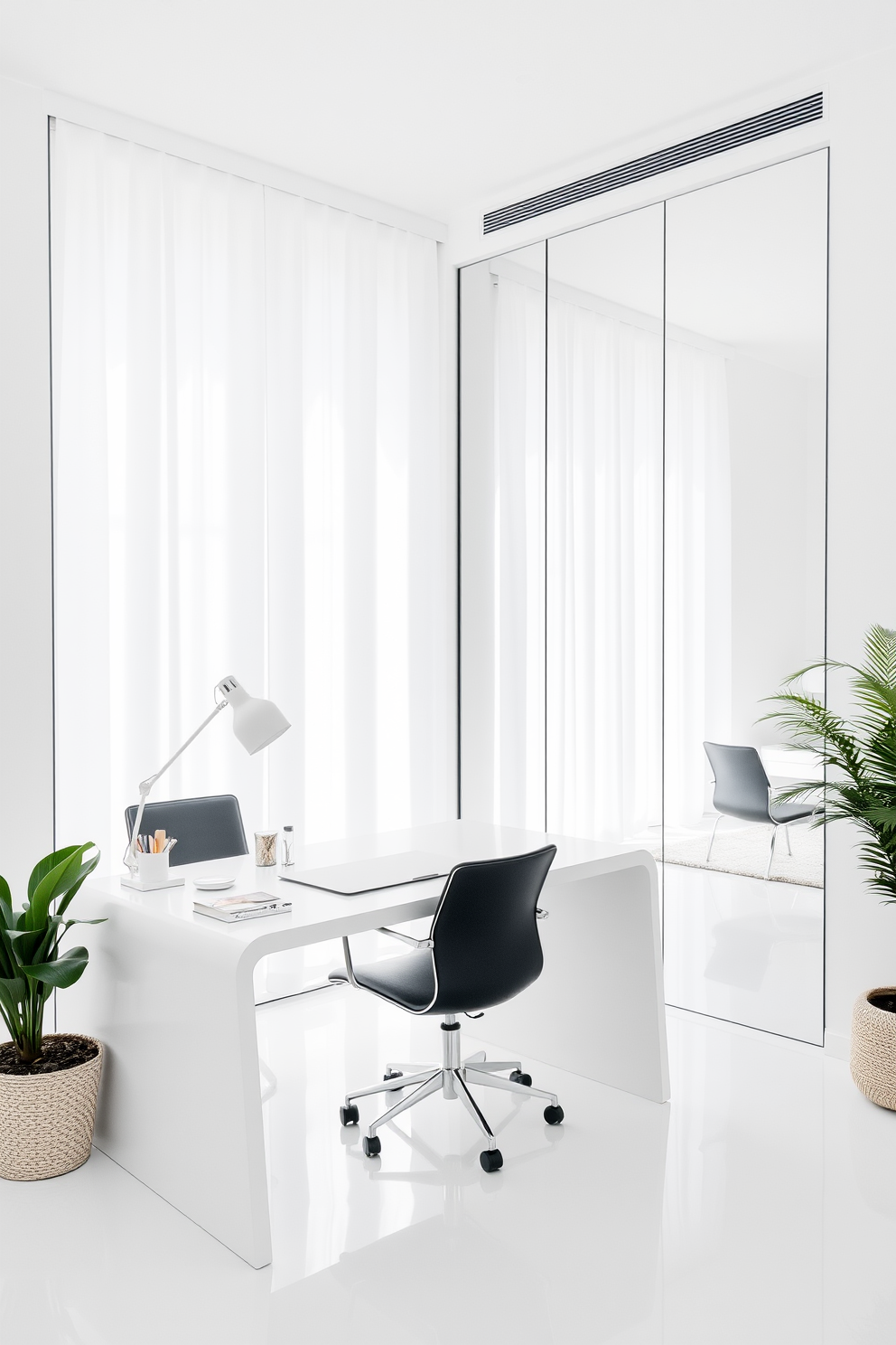 A spacious white home office features a large floor-to-ceiling mirror that reflects natural light, creating an open and airy atmosphere. The desk is sleek and minimalistic, adorned with a stylish lamp and a few carefully selected decorative items to inspire creativity.