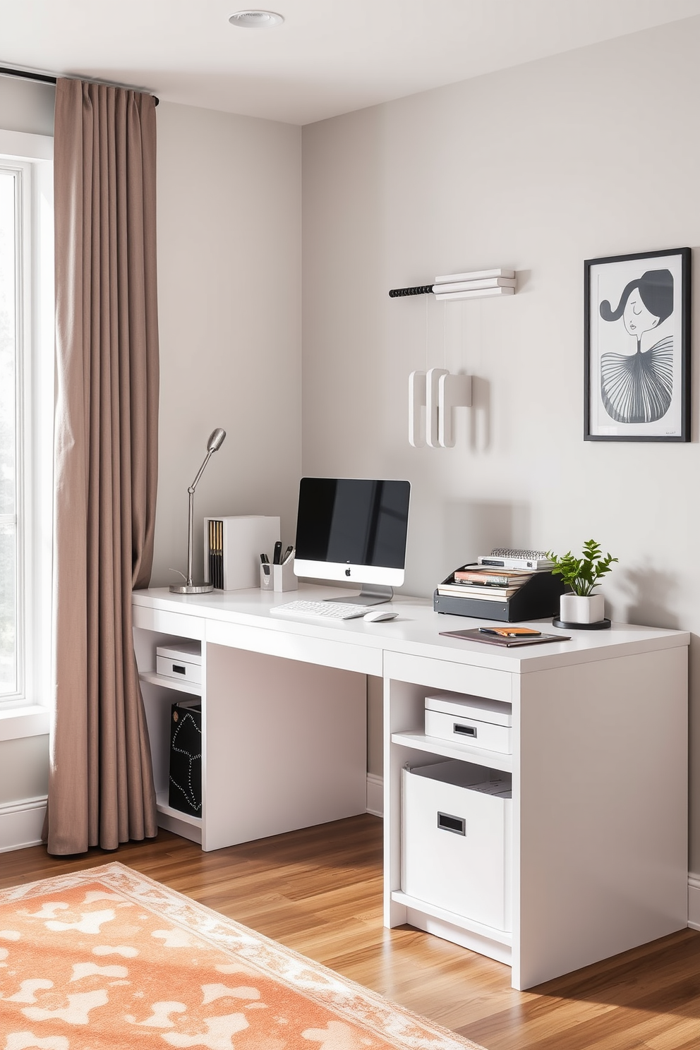 A modern home office featuring a sleek white desk with built-in storage solutions underneath. The space is illuminated by natural light from a large window, and stylish organizers keep office supplies neatly arranged.