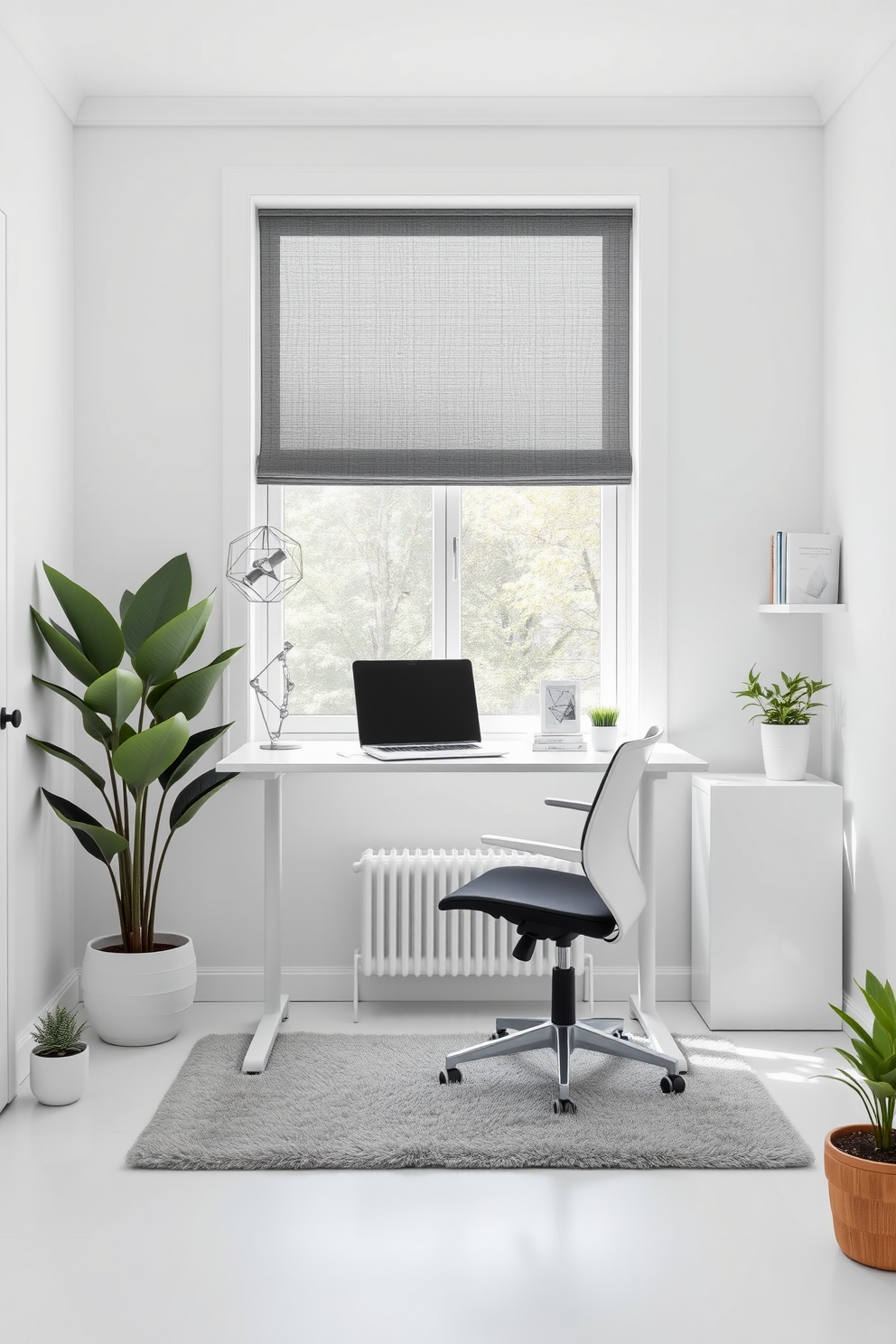 A modern white home office features a sleek standing desk positioned near a large window, allowing natural light to flood the space. The walls are painted in a crisp white, complemented by minimalist shelving that showcases stylish decor and books. A comfortable ergonomic chair is placed beside the standing desk, offering versatility for different work preferences. A plush area rug in soft gray adds warmth to the room, while potted plants bring a touch of greenery to the otherwise clean aesthetic.