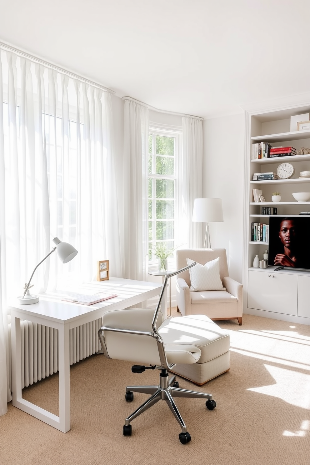 A serene home office space designed with a soft color palette featuring white as the dominant hue. The room includes a sleek white desk paired with a comfortable ergonomic chair, complemented by a cozy reading nook with a plush armchair and a small side table. Natural light floods the room through large windows adorned with sheer white curtains, creating an airy atmosphere. A minimalist bookshelf filled with neatly organized books and decorative items adds a touch of elegance to the space.