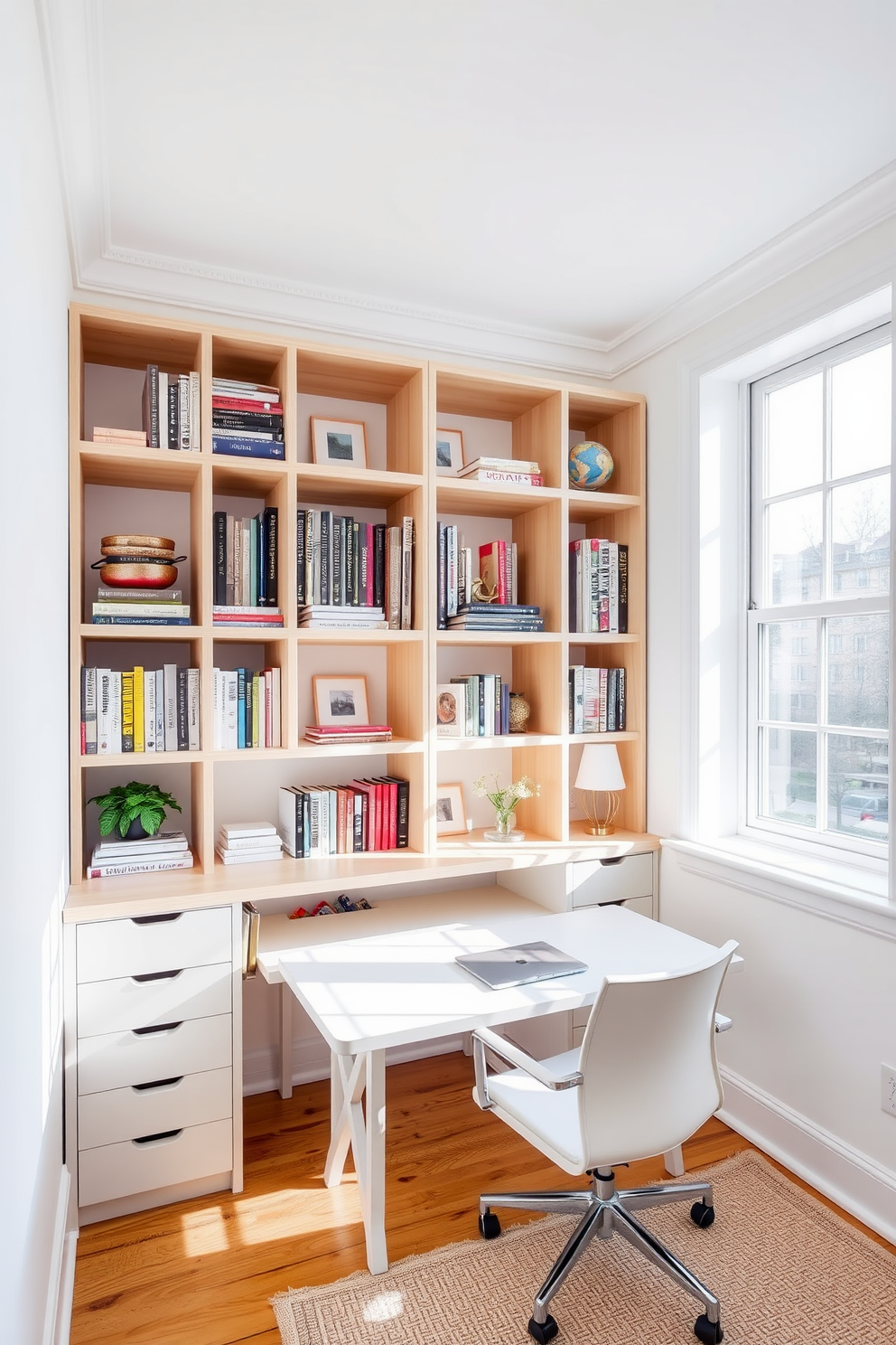 A bright and airy home office features open shelving that displays a curated collection of books and decorative items. The shelves are made of light wood and are complemented by a sleek white desk positioned under a large window, allowing natural light to flood the space.