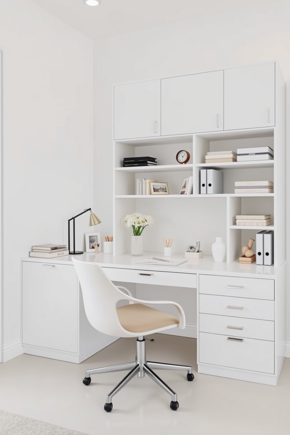 A stylish home office featuring sleek organizers to maintain a tidy workspace. The desk is minimalist with a white finish, complemented by elegant storage solutions that blend functionality and aesthetics. The walls are painted in a soft white hue, creating a bright and airy atmosphere. A comfortable chair with a modern design sits at the desk, while decorative items add a personal touch to the space.