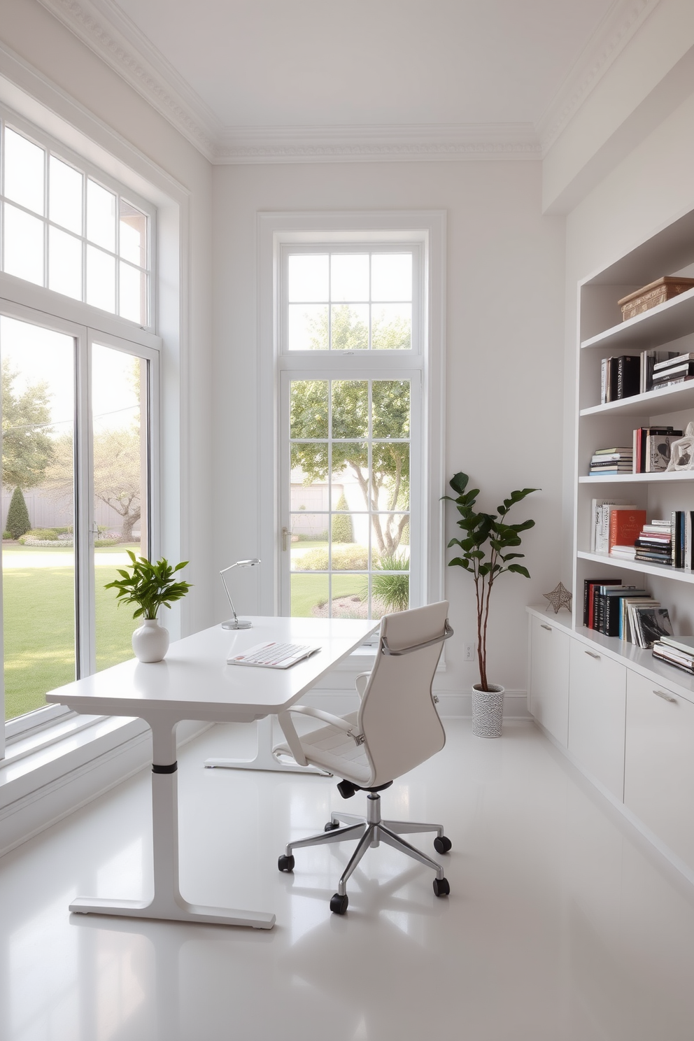 A spacious home office bathed in natural light from a large window that overlooks a serene garden. The walls are painted in a soft white hue, creating a bright and airy atmosphere. A sleek white desk is positioned in front of the window, complemented by an ergonomic chair in a minimalist design. Shelves filled with neatly organized books and decorative items line one wall, adding a personal touch to the space.