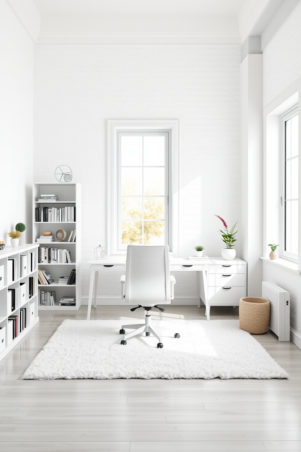 A sleek white home office featuring a monochromatic color scheme. The walls are adorned with textured white panels, and a minimalist white desk sits in the center with a comfortable white ergonomic chair. Natural light floods the space through large windows, illuminating a soft white area rug on the floor. Decorative elements include a white bookshelf filled with neatly arranged books and a small potted plant for a touch of greenery.