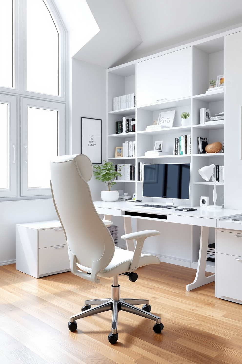 A sleek ergonomic chair designed for maximum comfort and style. The chair features a modern silhouette with adjustable armrests and lumbar support, upholstered in soft white fabric to complement a bright home office. The home office space is adorned with minimalist white furniture, creating a clean and airy atmosphere. Large windows allow natural light to flood the room, highlighting a stylish desk and organized shelves filled with books and decor.