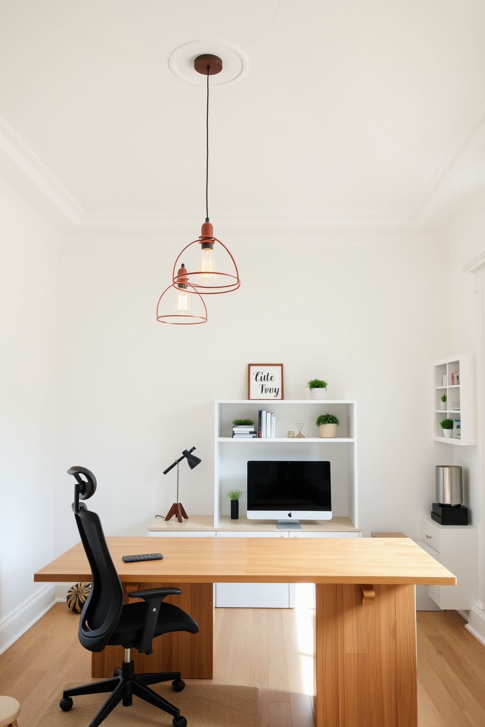 A bright and airy home office features layered lighting with elegant pendant fixtures hanging above a sleek wooden desk. The walls are painted in a soft white, and the space is accented with modern shelving and a comfortable ergonomic chair.