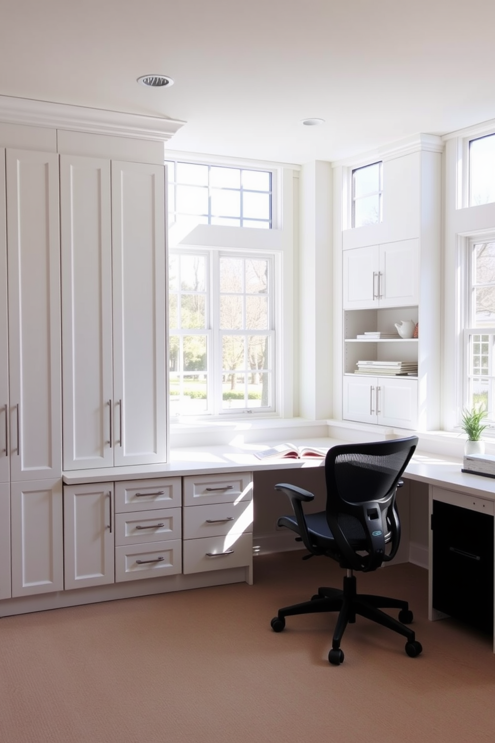 A bright and airy home office features sleek white cabinetry that provides organized storage solutions. The cabinetry is complemented by a spacious desk with a minimalist design, allowing for a clutter-free workspace. Large windows fill the room with natural light, enhancing the clean aesthetic of the white cabinetry. A comfortable ergonomic chair sits at the desk, creating an inviting atmosphere for productivity.