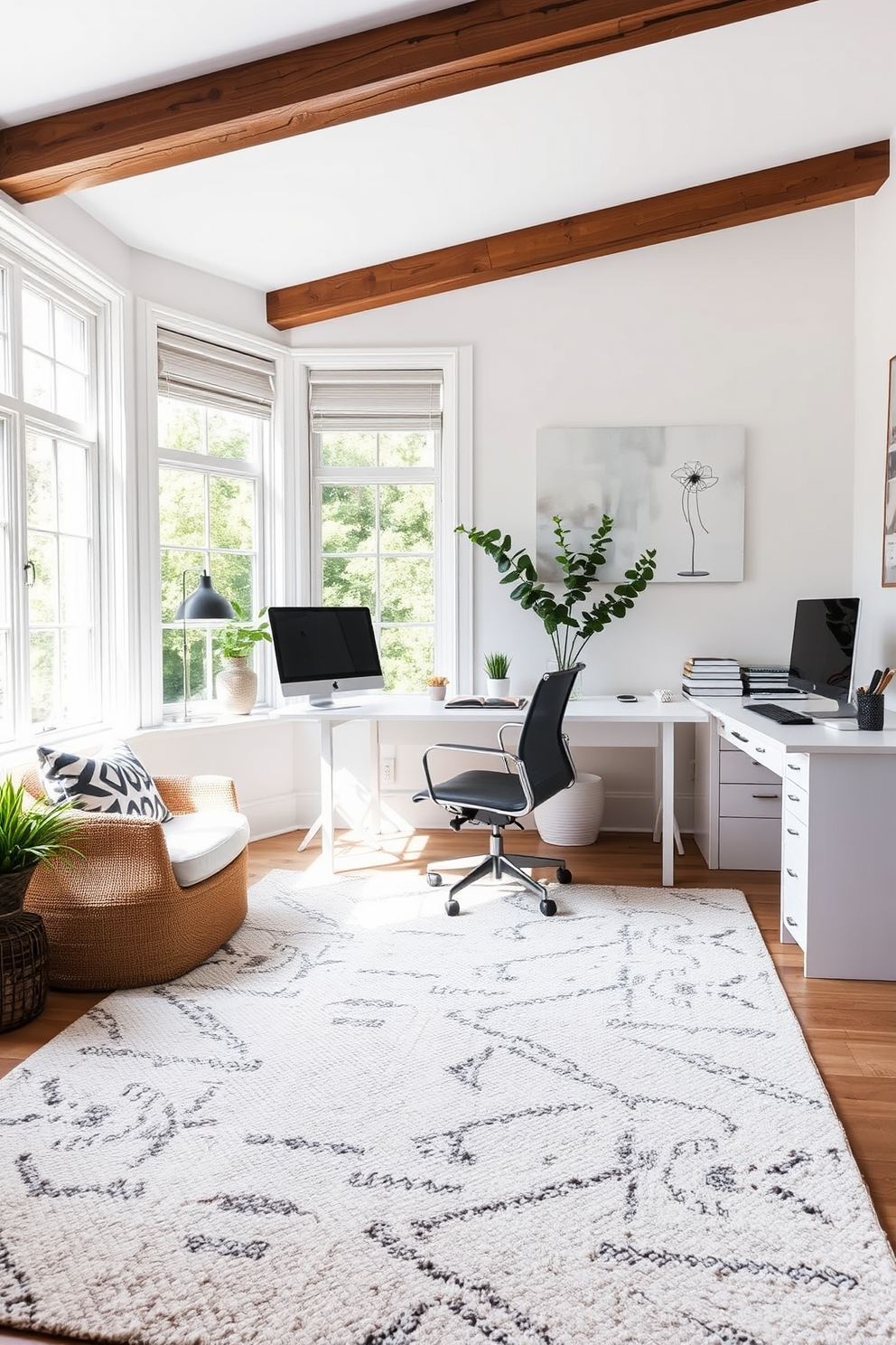 A cozy white home office features a textured rug that adds warmth and comfort underfoot. The room is filled with natural light from large windows, enhancing the serene atmosphere for productivity.