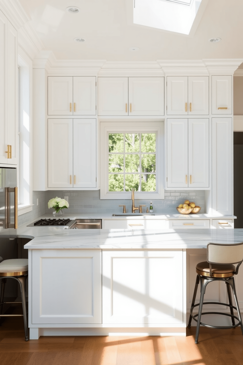 Elegant white cabinets with brass hardware create a timeless and sophisticated kitchen aesthetic. The space is complemented by a large island featuring a marble countertop and stylish bar stools. Natural light floods the room through large windows, highlighting the sleek cabinetry and polished fixtures. A subtle backsplash in a soft gray hue adds depth and texture to the overall design.