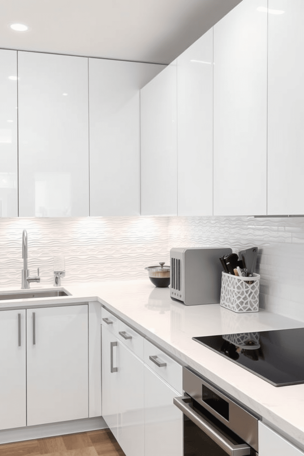 A sleek white kitchen featuring a monochromatic color scheme. The cabinetry is a glossy white finish, complemented by a textured backsplash that adds depth and interest. The countertops are made of polished white quartz, providing a clean and elegant surface. Stainless steel appliances and fixtures enhance the modern aesthetic while maintaining the cohesive color palette.