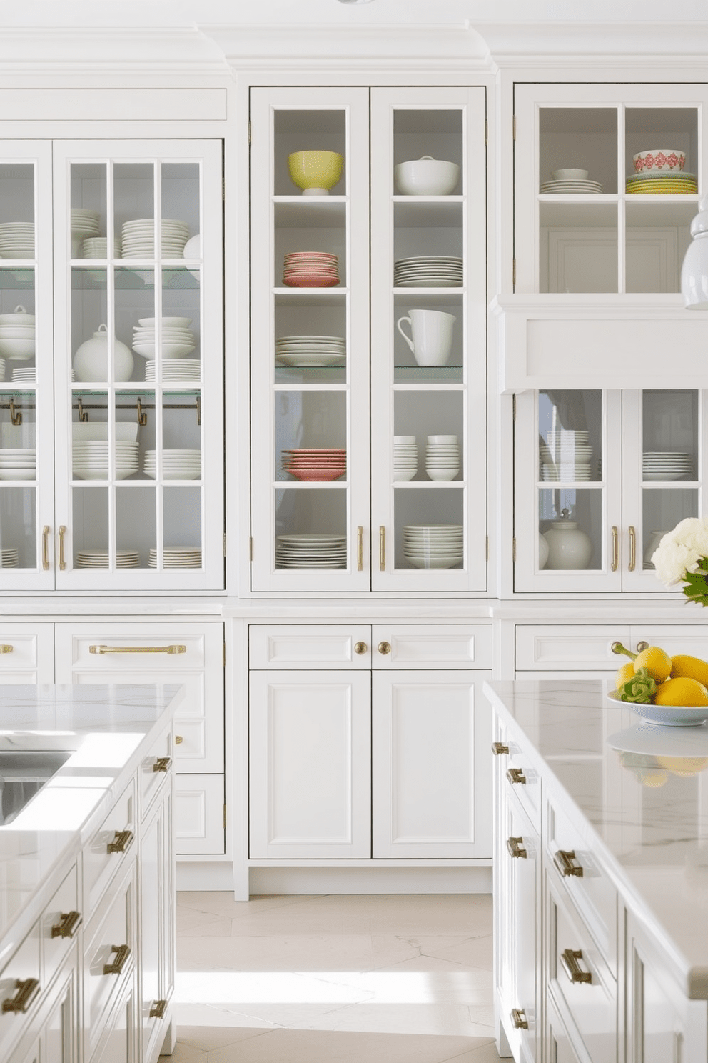 A bright and airy kitchen featuring glass-front cabinets that elegantly display an array of colorful dishware. The cabinets are paired with a white marble countertop and a spacious island, creating a perfect blend of functionality and style.