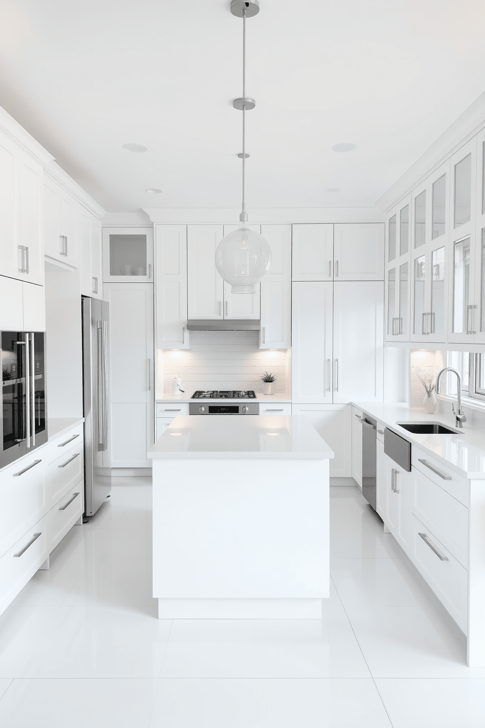 A white kitchen with integrated appliances creates a seamless and modern aesthetic. The cabinetry features smooth white finishes that blend effortlessly with the refrigerator and dishwasher, maintaining a cohesive look. The countertops are made of sleek quartz, providing durability and elegance. A large island with bar seating is centrally placed, adorned with minimalist pendant lights that enhance the airy atmosphere.