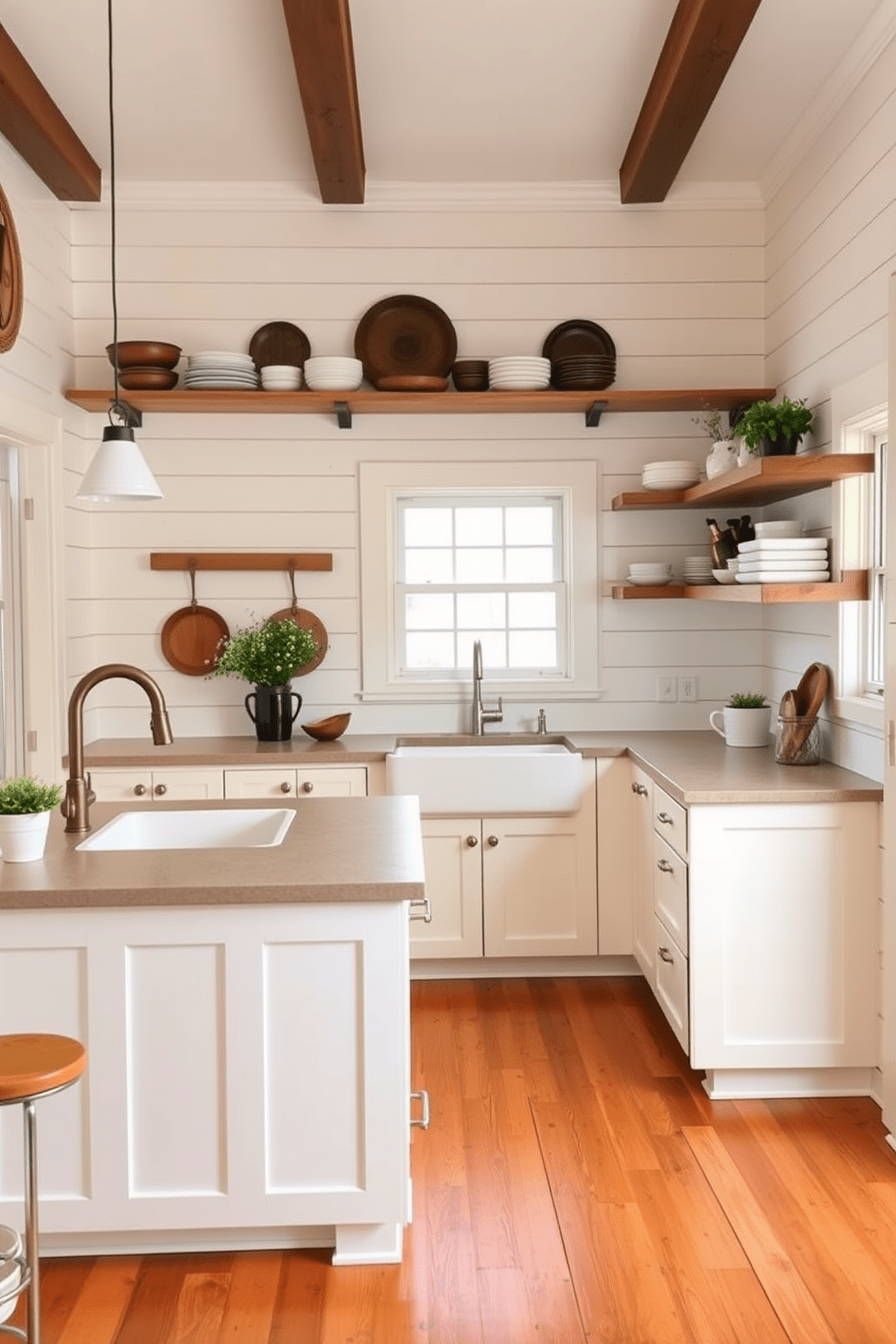 A cozy kitchen with white shiplap walls creates a warm and inviting atmosphere. The space features a large farmhouse sink and open shelving adorned with rustic dishware. Bright white cabinetry complements the shiplap, providing a clean and airy look. A central island with barstool seating invites gatherings and casual dining.