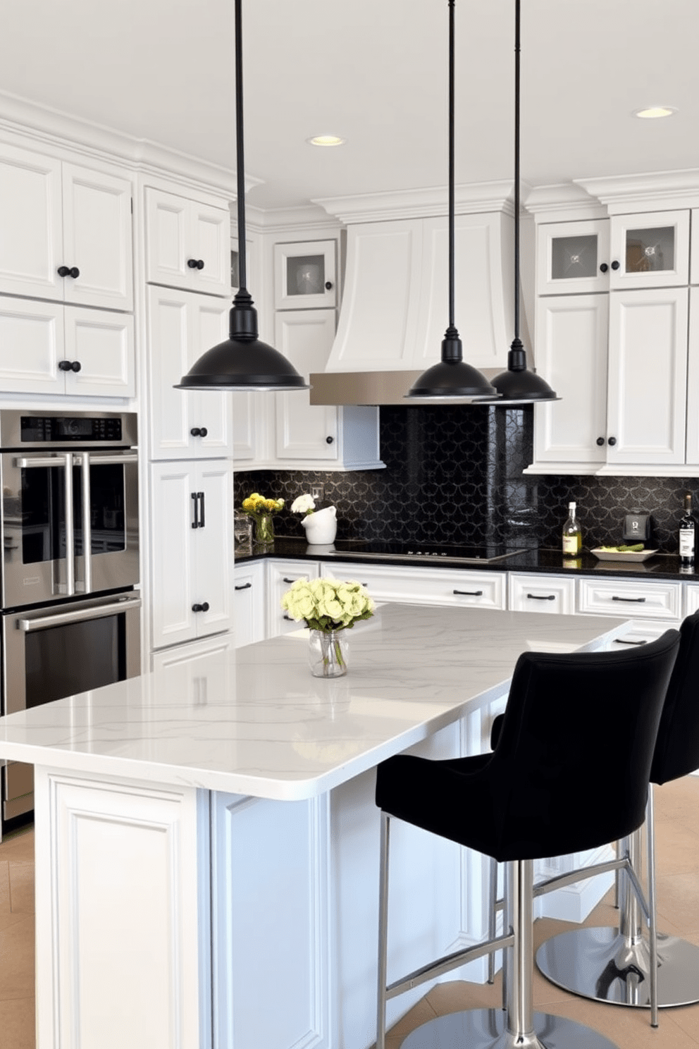 A classic white kitchen featuring elegant cabinetry with black accents. The countertops are a sleek black granite, contrasting beautifully with the white cabinetry and adding a touch of sophistication. The kitchen island is topped with a white marble surface and includes stylish bar stools with black upholstery. Pendant lights with black finishes hang above the island, providing both illumination and a modern aesthetic.