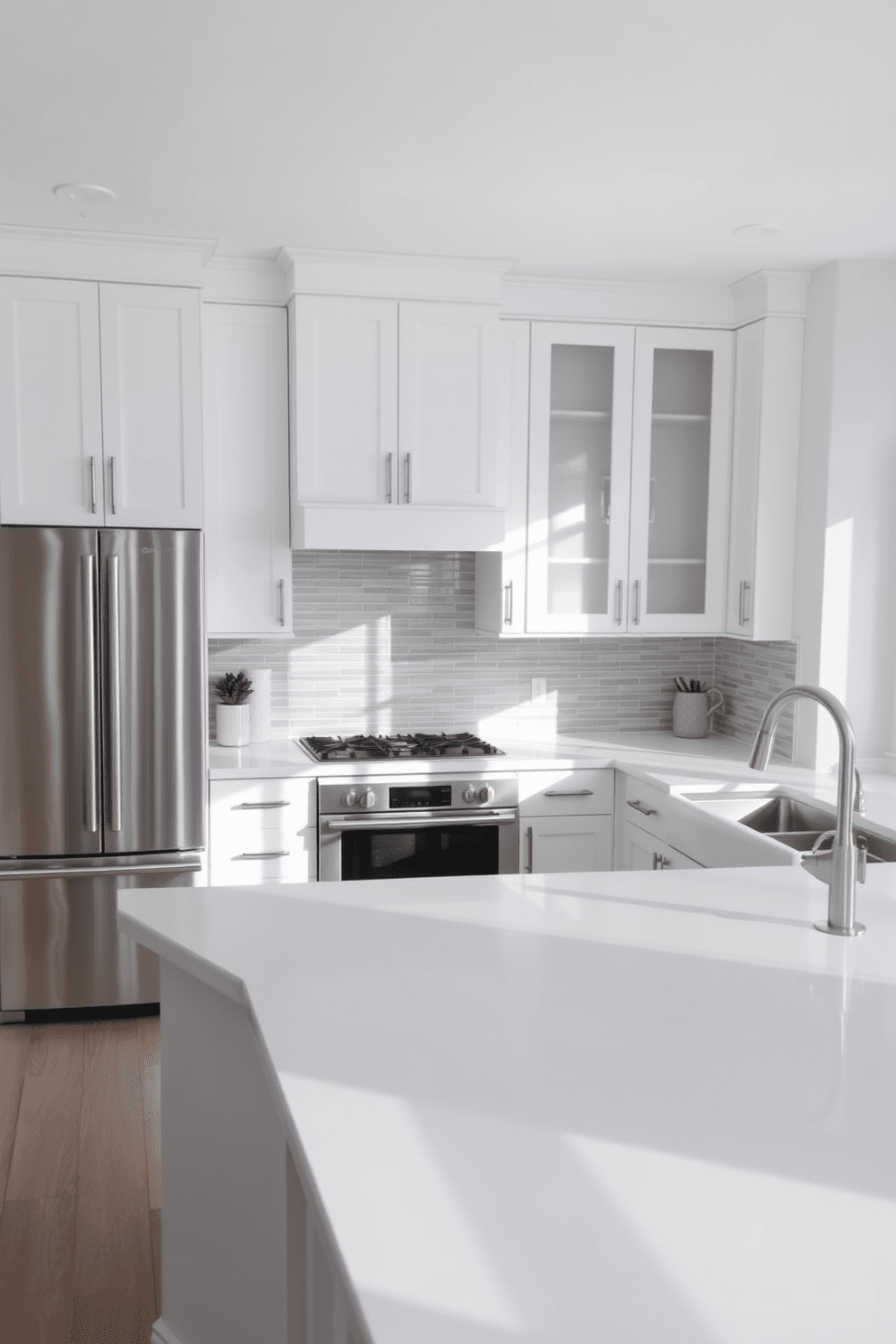 A bright and airy kitchen featuring crisp white countertops with a waterfall edge. The cabinetry is sleek and modern, complemented by stainless steel appliances and a stylish backsplash in subtle gray tones.