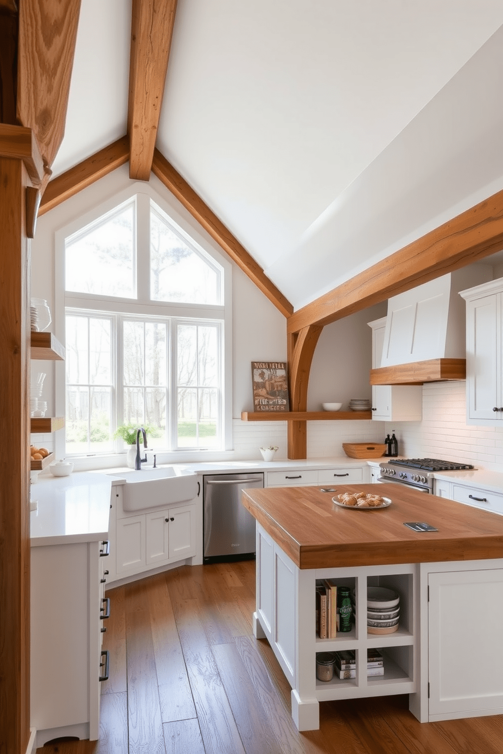 A rustic kitchen featuring exposed wooden beams that create a warm contrast with the sleek white decor. The space includes a large farmhouse sink, white cabinetry, and a central island with wooden accents, enhancing the inviting atmosphere. Bright white walls and cabinetry are complemented by natural wood elements, creating a harmonious blend of rustic and modern aesthetics. Large windows allow ample natural light to flood the space, illuminating the beautiful details of the design.