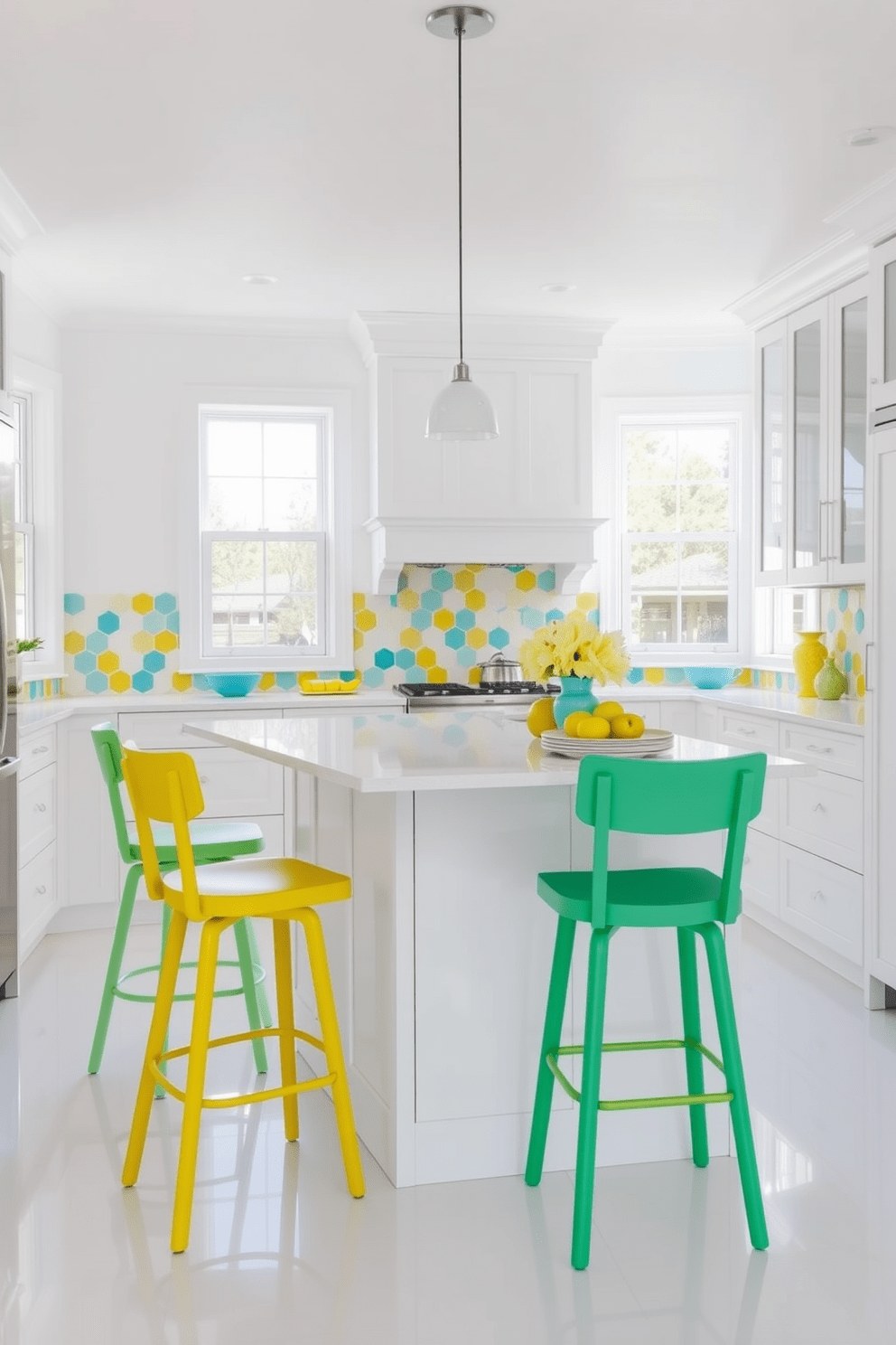 A bright and airy white kitchen features sleek cabinetry and a spacious island at its center. Vibrant accents of turquoise and yellow are incorporated through bar stools and decorative kitchenware, creating a cheerful and inviting atmosphere. The backsplash is adorned with colorful geometric tiles that add a playful touch to the overall design. Natural light floods the space through large windows, enhancing the freshness of the white surfaces and the lively pops of color.