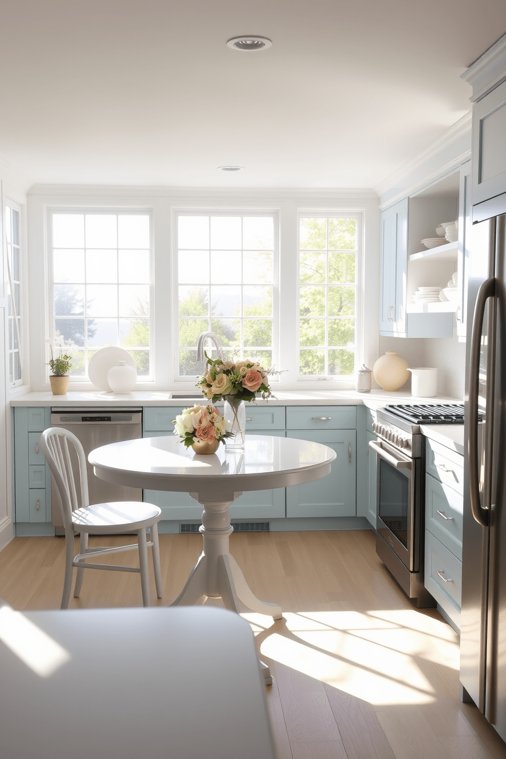 A light and bright kitchen filled with natural sunlight streaming through large windows. The cabinets are painted in a soft pastel blue, complemented by white countertops and sleek stainless steel appliances. Delicate pastel decor touches are scattered throughout, including a floral centerpiece on the dining table and pastel-colored dishware on open shelves. The floor features light hardwood, enhancing the airy feel of the space.