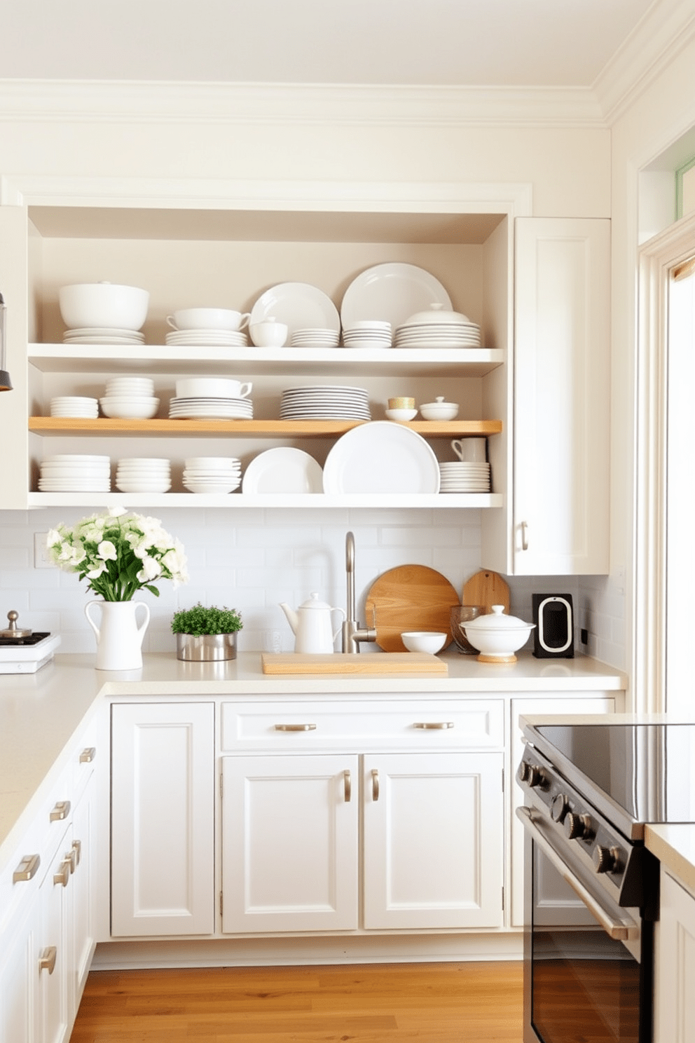 A bright and airy kitchen featuring open shelving adorned with a curated selection of white dishes. The cabinetry is a soft pastel hue, complementing the light wood accents throughout the space.