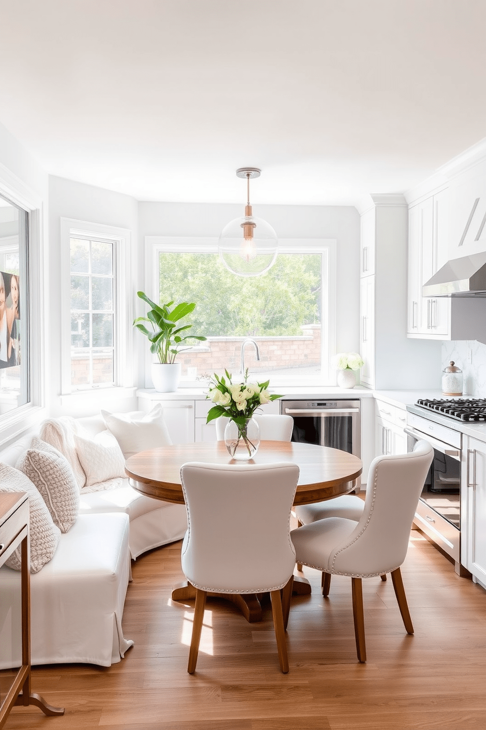 Cozy breakfast nook with white furnishings. A round wooden table surrounded by plush white chairs sits beneath a large window, allowing natural light to flood the space. White kitchen design ideas. Sleek white cabinets line the walls, complemented by a marble backsplash and stainless steel appliances, creating a bright and airy atmosphere.