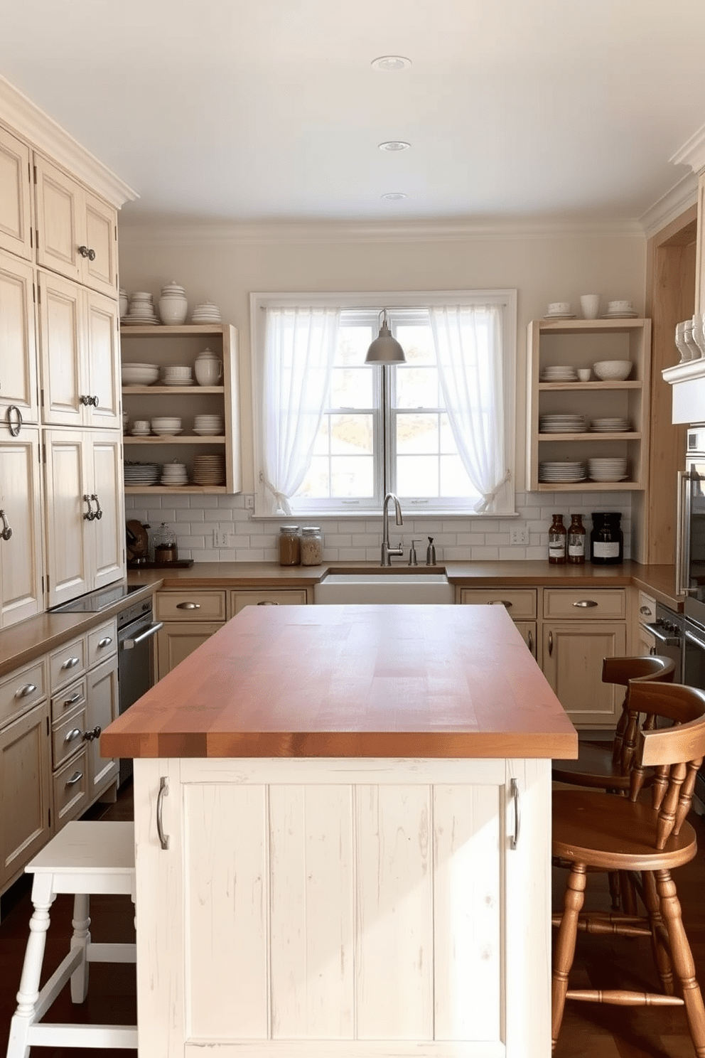 A modern farmhouse kitchen featuring distressed wooden cabinetry with a whitewashed finish. The large island is topped with a rustic butcher block and surrounded by vintage-style bar stools. Open shelving displays an array of ceramic dishes and glass jars, while a farmhouse sink sits beneath a window with sheer white curtains. The walls are painted in a soft off-white, complemented by brushed nickel fixtures and a classic subway tile backsplash.