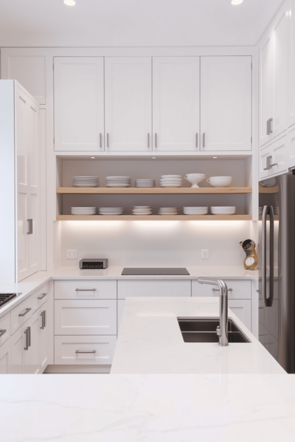 A functional kitchen layout featuring ample storage solutions with sleek white cabinetry and a large island at the center. The countertops are made of polished quartz, and there are open shelves displaying stylish dishware above the counter.