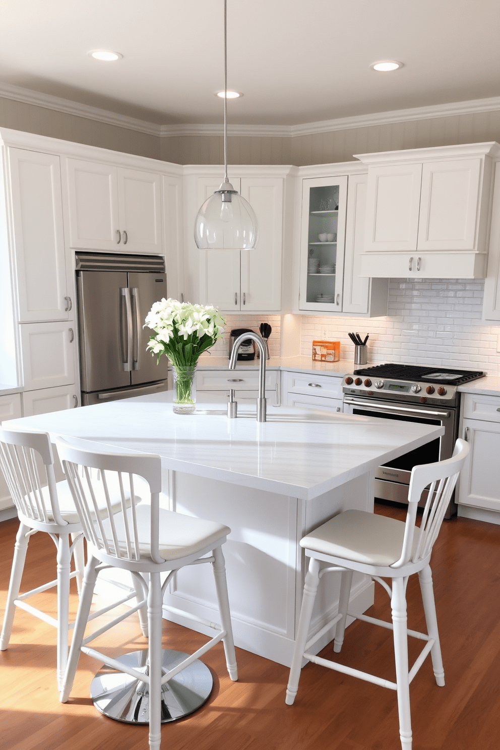 Chic bar stools are arranged around a spacious kitchen island topped with a sleek quartz surface. The kitchen features a bright white color palette with custom cabinetry and stainless steel appliances, creating a modern yet inviting atmosphere.