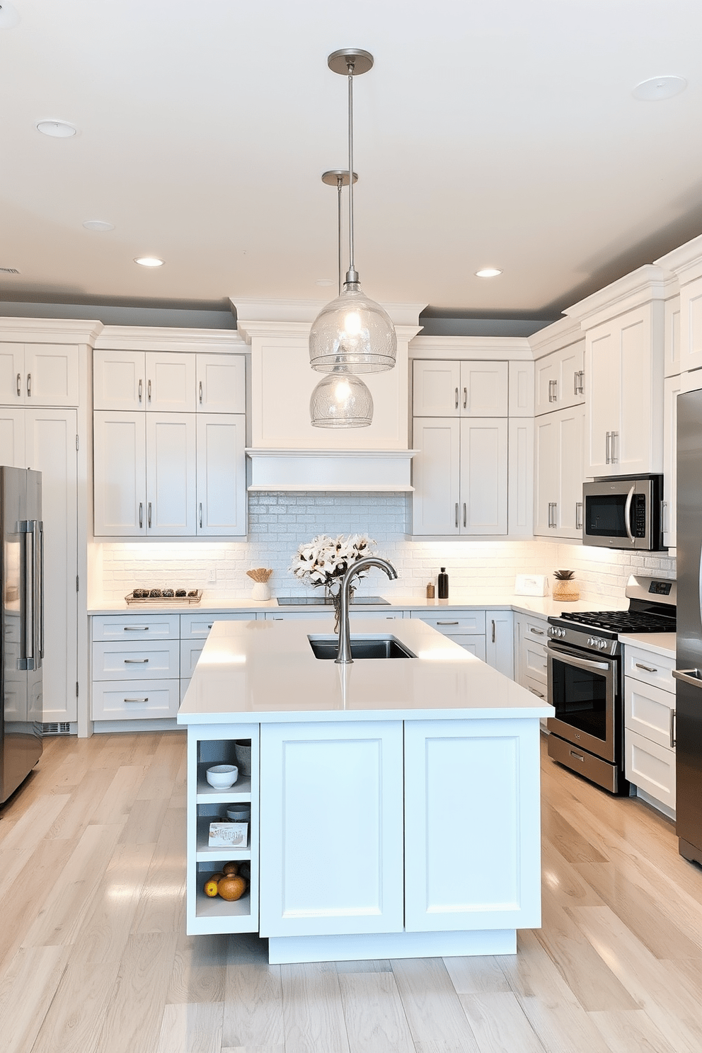 A bright and airy kitchen featuring a neutral color palette with white as the base. The cabinetry is sleek and modern, complemented by stainless steel appliances that enhance the contemporary feel. A large kitchen island sits at the center, topped with a white quartz countertop. Pendant lights hang above the island, providing warm illumination and adding a touch of elegance to the space.