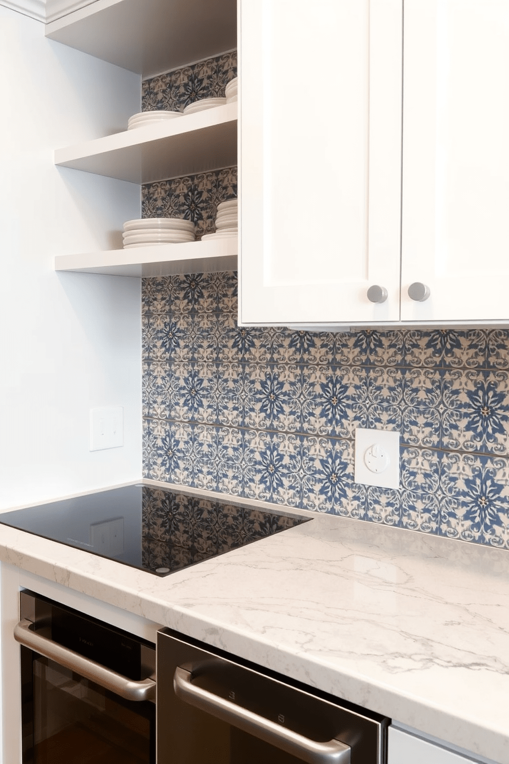 A stylish kitchen features a backsplash adorned with intricate patterned tiles that add a touch of elegance. The cabinetry is sleek and white, creating a bright and airy atmosphere while complementing the vibrant tiles.