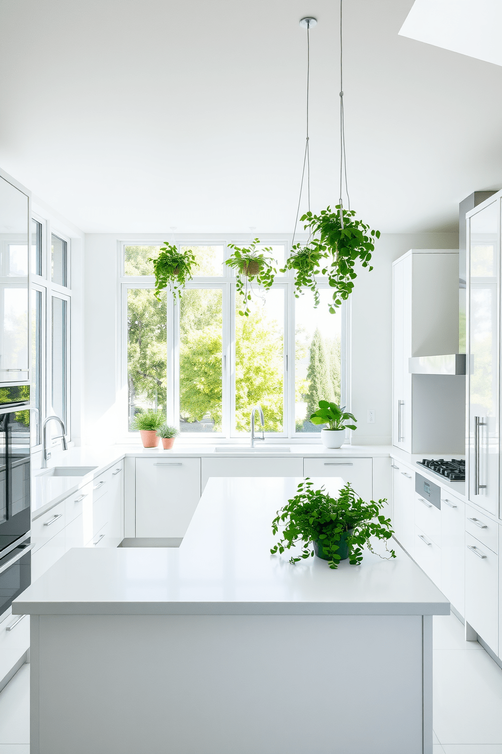 A bright white kitchen featuring sleek cabinetry and a large island with bar seating. Natural light floods the space through expansive windows, highlighting the fresh greenery accents from potted herbs on the countertop and hanging plants above.