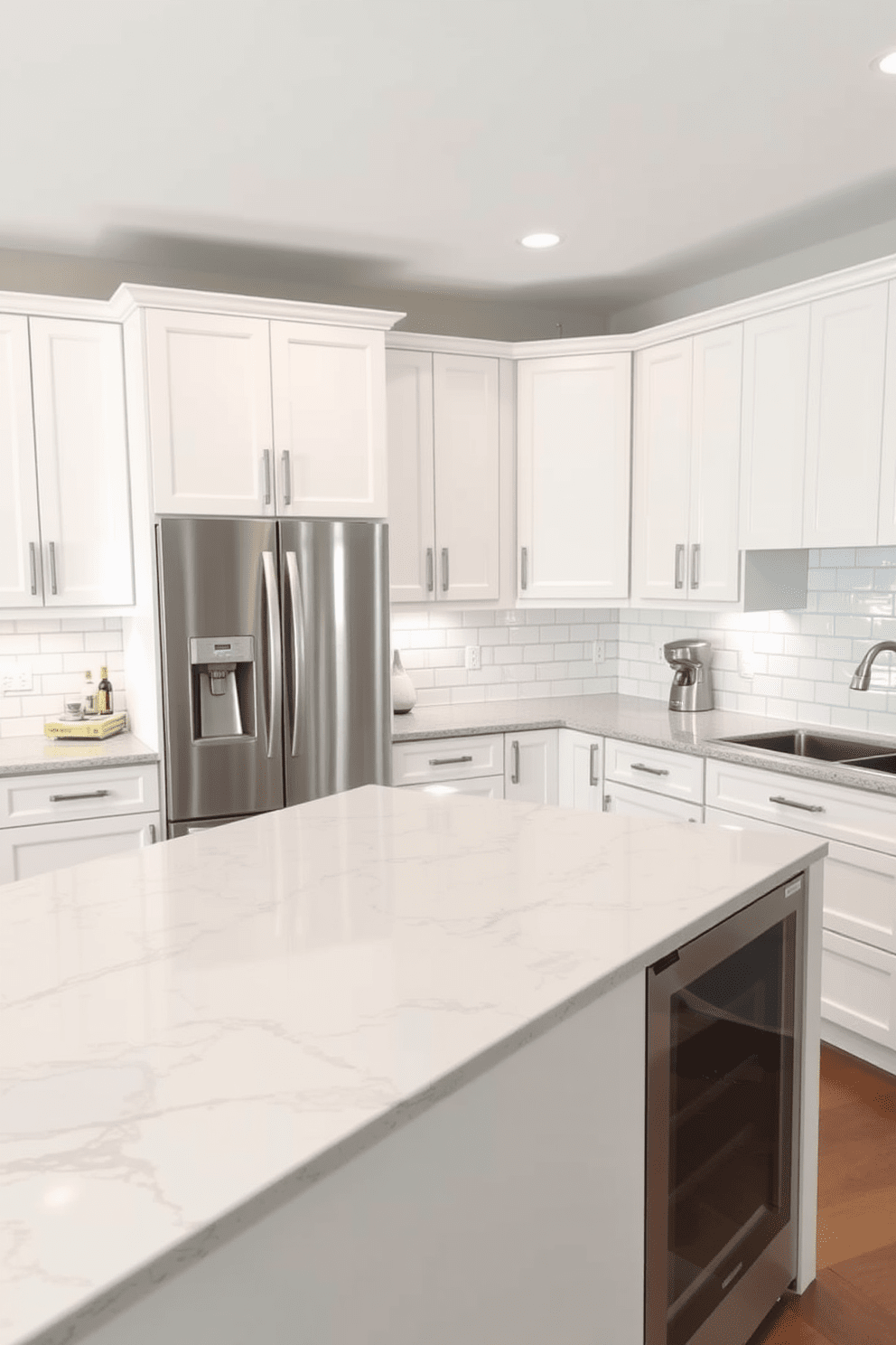 A bright and airy kitchen features a white subway tile backsplash complemented by gray grout. The cabinetry is sleek and modern, with stainless steel appliances and a large island at the center, topped with a polished quartz countertop.