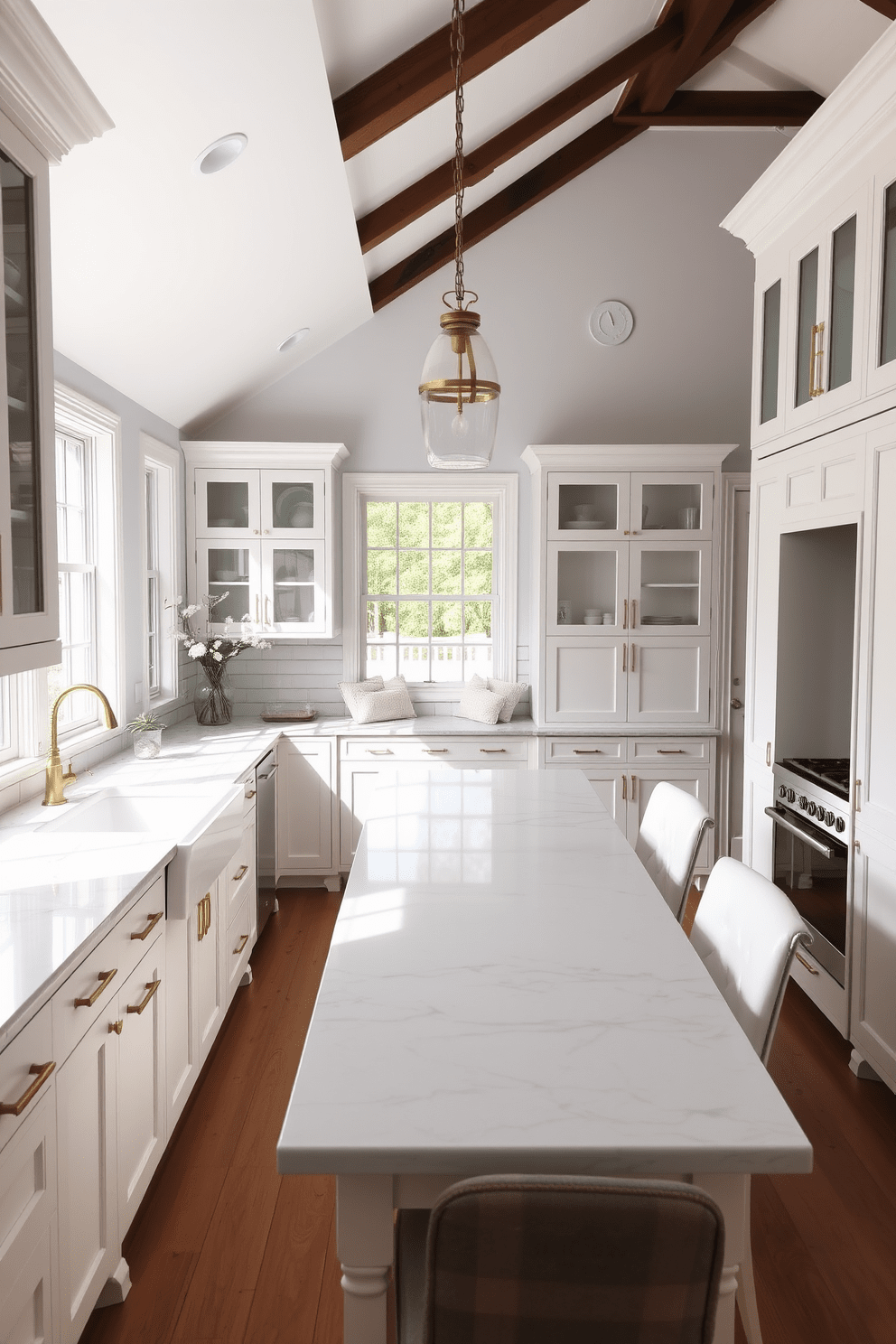 A timeless kitchen setting featuring classic white cabinetry and a large central island. The countertops are made of polished white marble, complemented by elegant brass fixtures and a stylish backsplash of white subway tiles. Natural light floods the space through large windows, highlighting the open layout and airy feel. A cozy breakfast nook with white upholstered chairs invites family gatherings and casual dining.