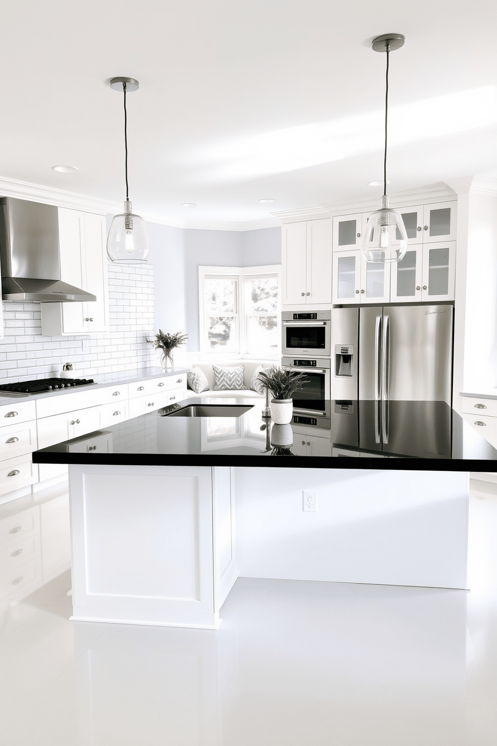 A bright and airy kitchen featuring a large white island with a sleek dark countertop that creates a striking contrast. The cabinetry is a soft white, complemented by stainless steel appliances and elegant pendant lighting hanging above the island. The backsplash is a glossy subway tile that reflects light, enhancing the spacious feel of the room. A cozy breakfast nook with plush seating is situated near a window, inviting natural light into the space.