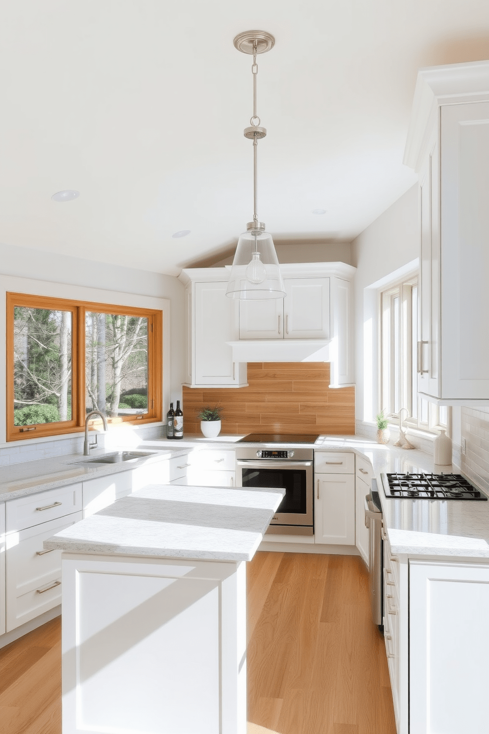 A bright and airy kitchen featuring white cabinetry with natural wood accents. The cabinetry is complemented by a spacious island topped with a light-colored quartz countertop, providing ample space for meal preparation and casual dining. Large windows allow natural light to flood the space, highlighting the warm tones of the wood accents. A stylish pendant light hangs above the island, adding a touch of elegance to the overall design.