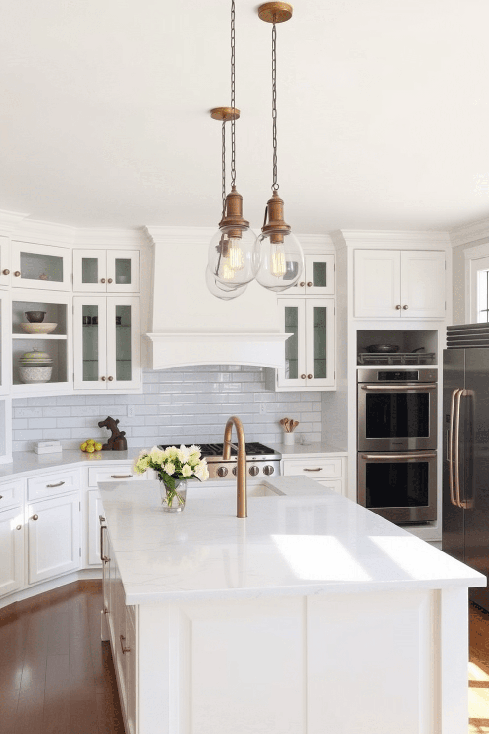 A bright and airy kitchen featuring a large island at the center topped with white marble. Vintage pendant lights hang gracefully above the island, casting a warm glow over the white cabinets and open shelving. The backsplash is a classic subway tile in a glossy finish, complementing the overall design. Natural light floods the space through large windows, highlighting the sleek appliances and inviting atmosphere.