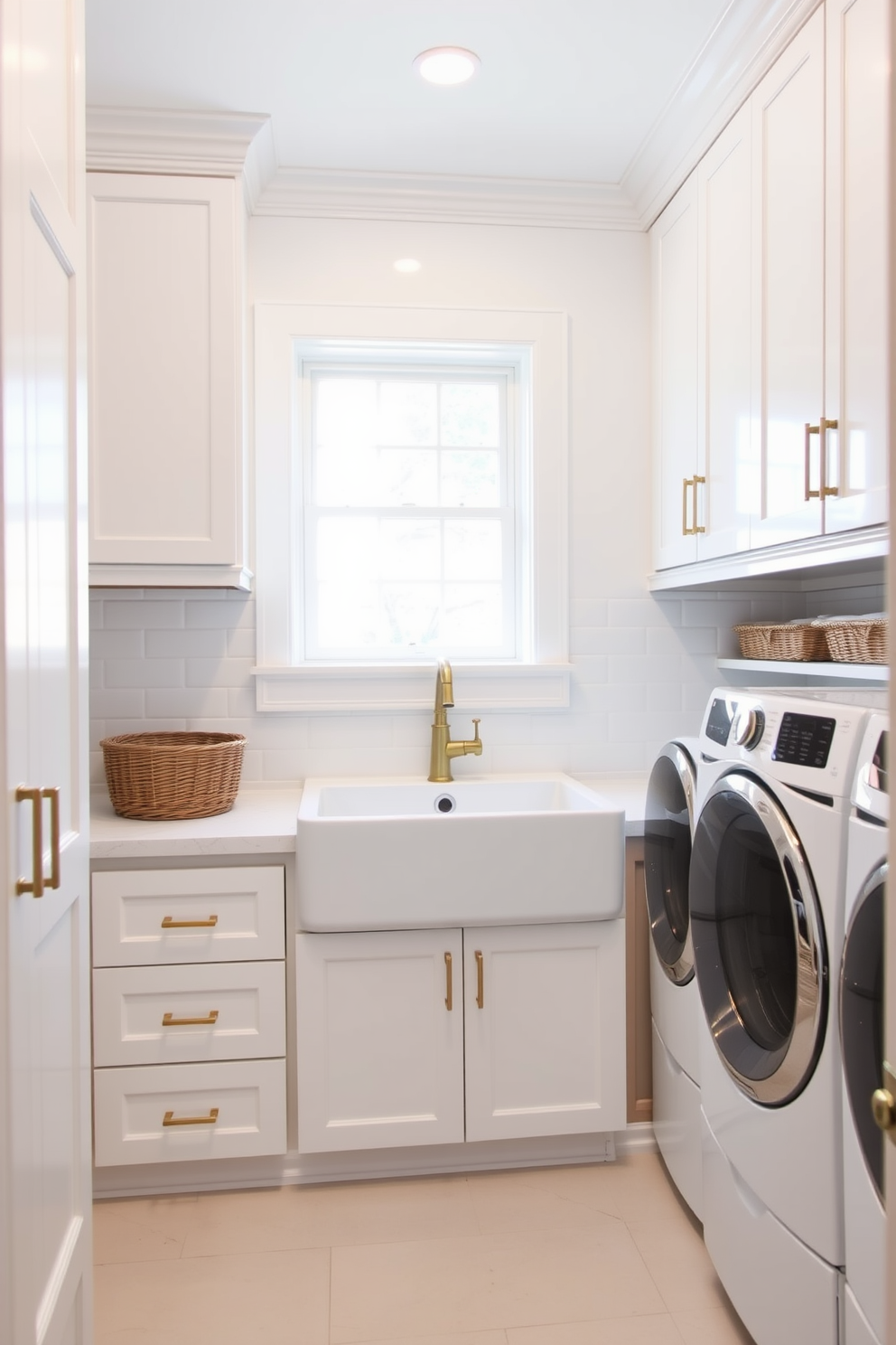 Bright white cabinets line the walls of a spacious laundry room, creating a clean and airy atmosphere. The backsplash features classic subway tiles in a glossy finish, enhancing the room's brightness and modern appeal. A large farmhouse sink sits in the center, flanked by stylish brass fixtures that add a touch of elegance. Soft natural light pours in through a nearby window, illuminating a neatly organized space with baskets and shelves for storage.