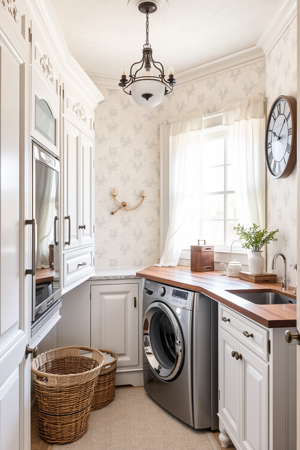 A vintage-inspired laundry room features classic white cabinetry with ornate detailing and modern stainless steel appliances seamlessly integrated. The space is accented with patterned wallpaper in soft pastels and a rustic wooden countertop that adds warmth and character. Natural light floods the room through a large window adorned with sheer curtains, enhancing the airy feel. Decorative elements include vintage laundry baskets and a stylish wall clock, creating a charming yet functional atmosphere.