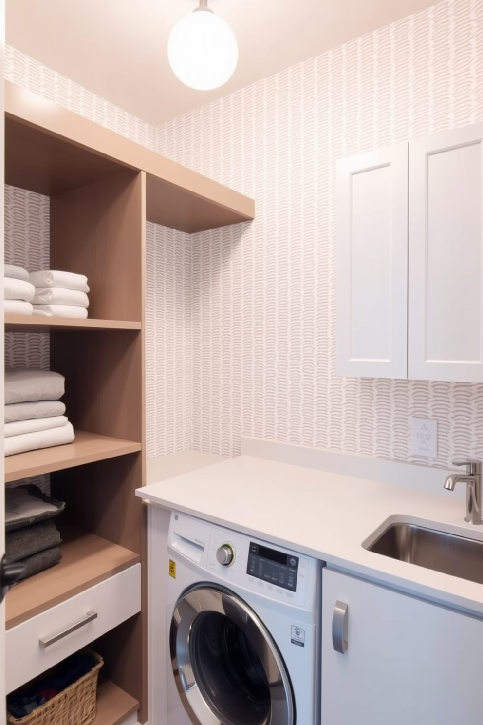 A bright and airy laundry room featuring textured wallpaper that adds depth to the space. The room includes white cabinetry and open shelving for storage, complemented by sleek countertops for folding clothes.