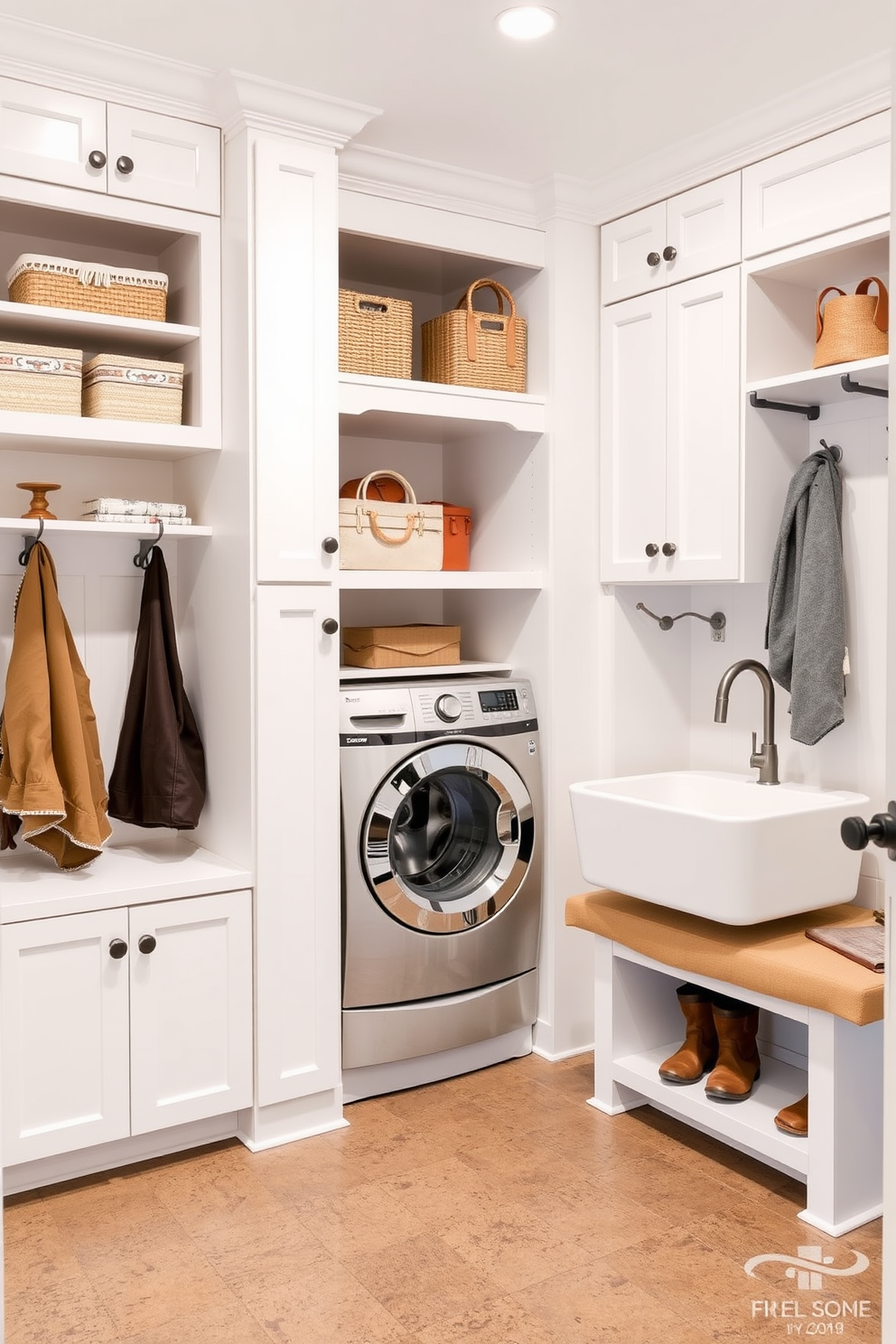 A functional mudroom laundry combination features ample storage with built-in cabinets and open shelving for organization. The room is designed with a white color palette, showcasing a large farmhouse sink and a stacked washer and dryer tucked neatly into the cabinetry. The space includes a bench with cushions for seating, providing a comfortable area to remove shoes. Decorative hooks line the walls for hanging coats and bags, while a durable floor accommodates muddy boots and laundry tasks.